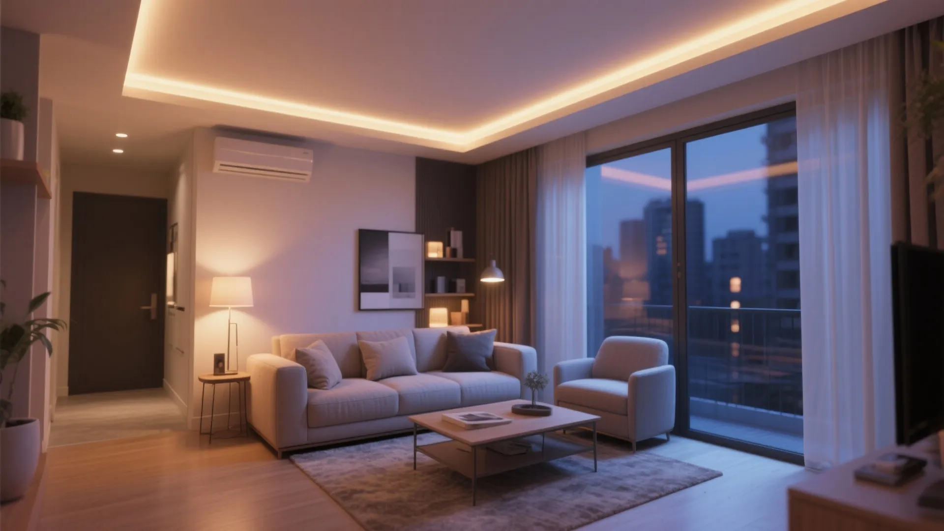 Warm ceiling cove lighting in compact modern condo