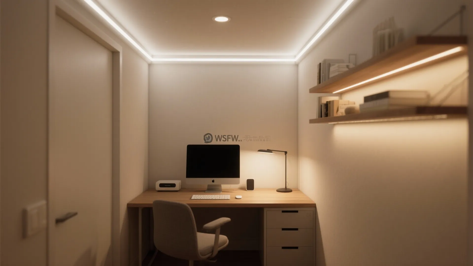 Small home office with ceiling light strips wooden desk computer chair and wall mounted shelves