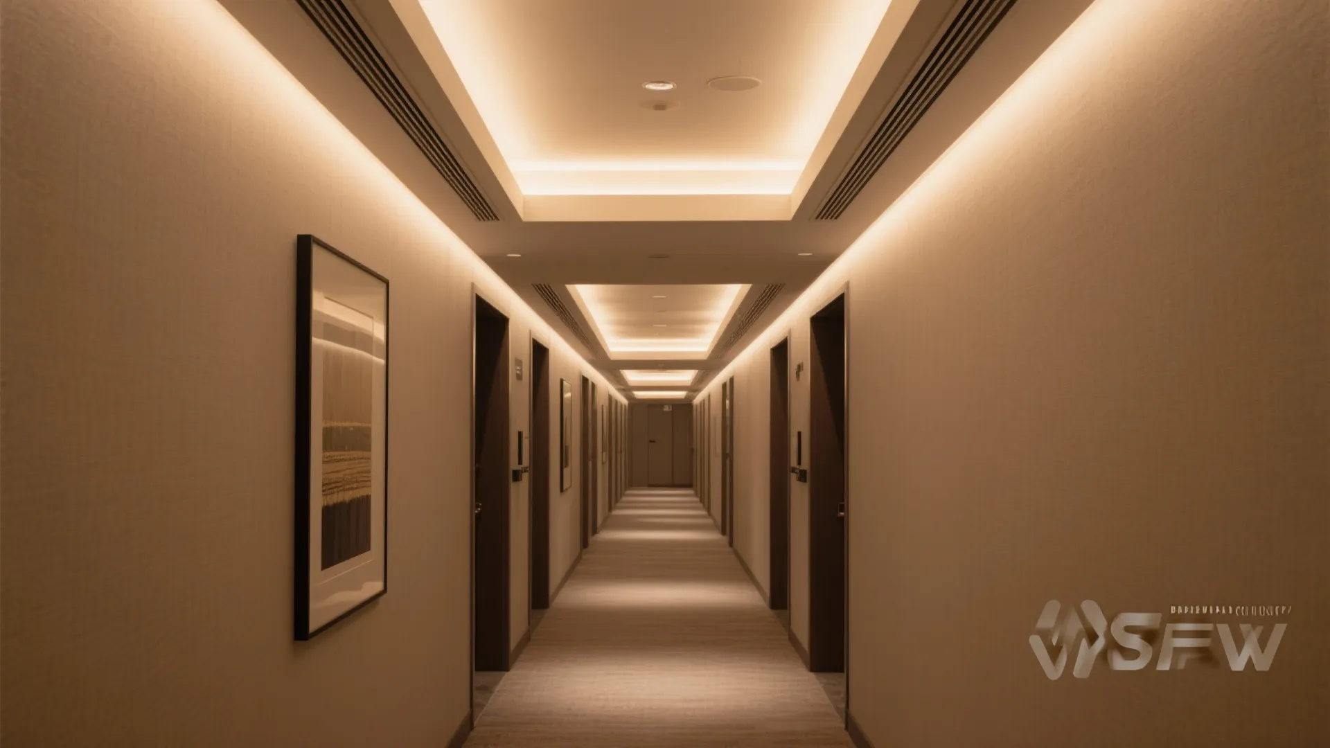 Hallway with shallow cove ceiling washing warm indirect light for soft, glare-free ambiance.