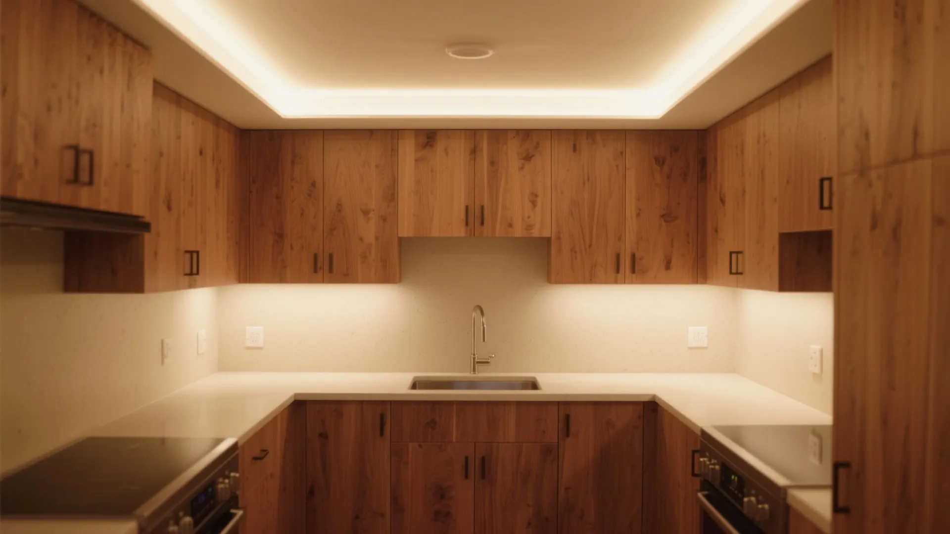 Warm wood tones and indirect cove lighting