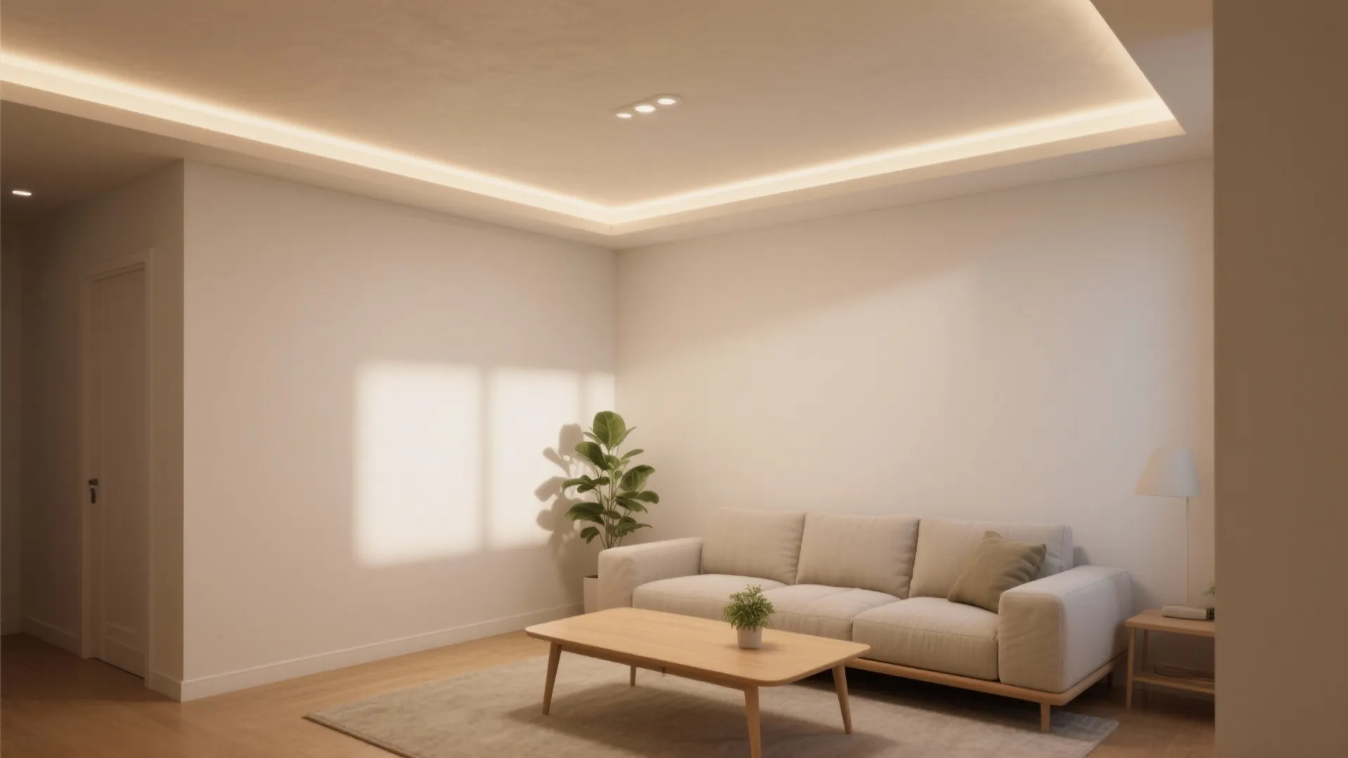 Modern minimalist living room with beige sofa wooden coffee table green plants and ceiling light