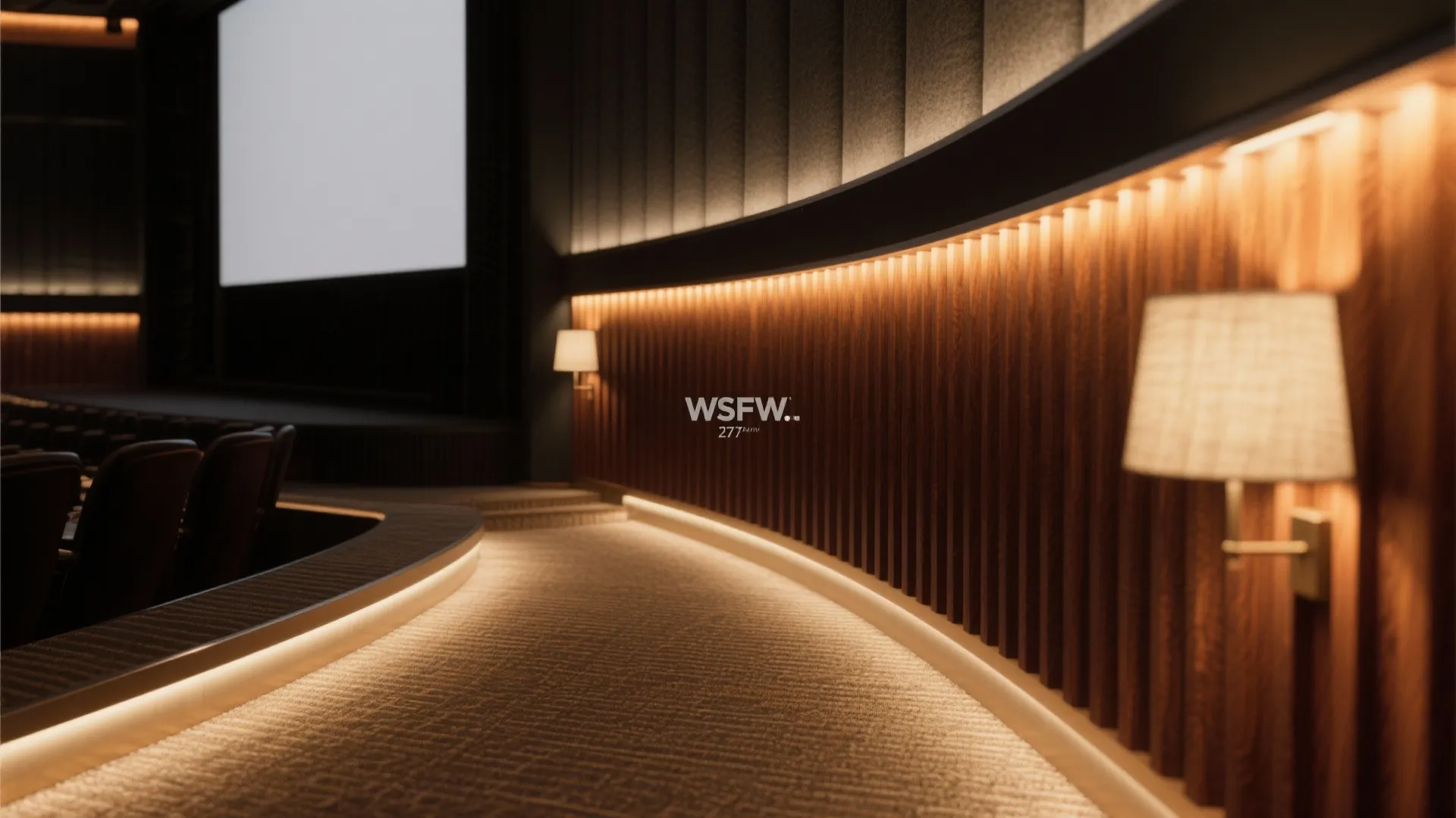 Home theater interior with wooden wall panels warm yellow lights carpet floor and wall light fixtures