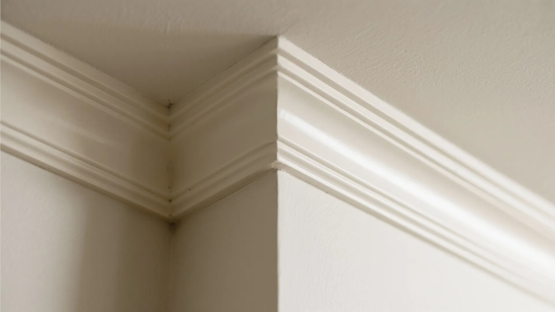 Close-up of a smooth cove crown with clean caulk and gentle light bounce.