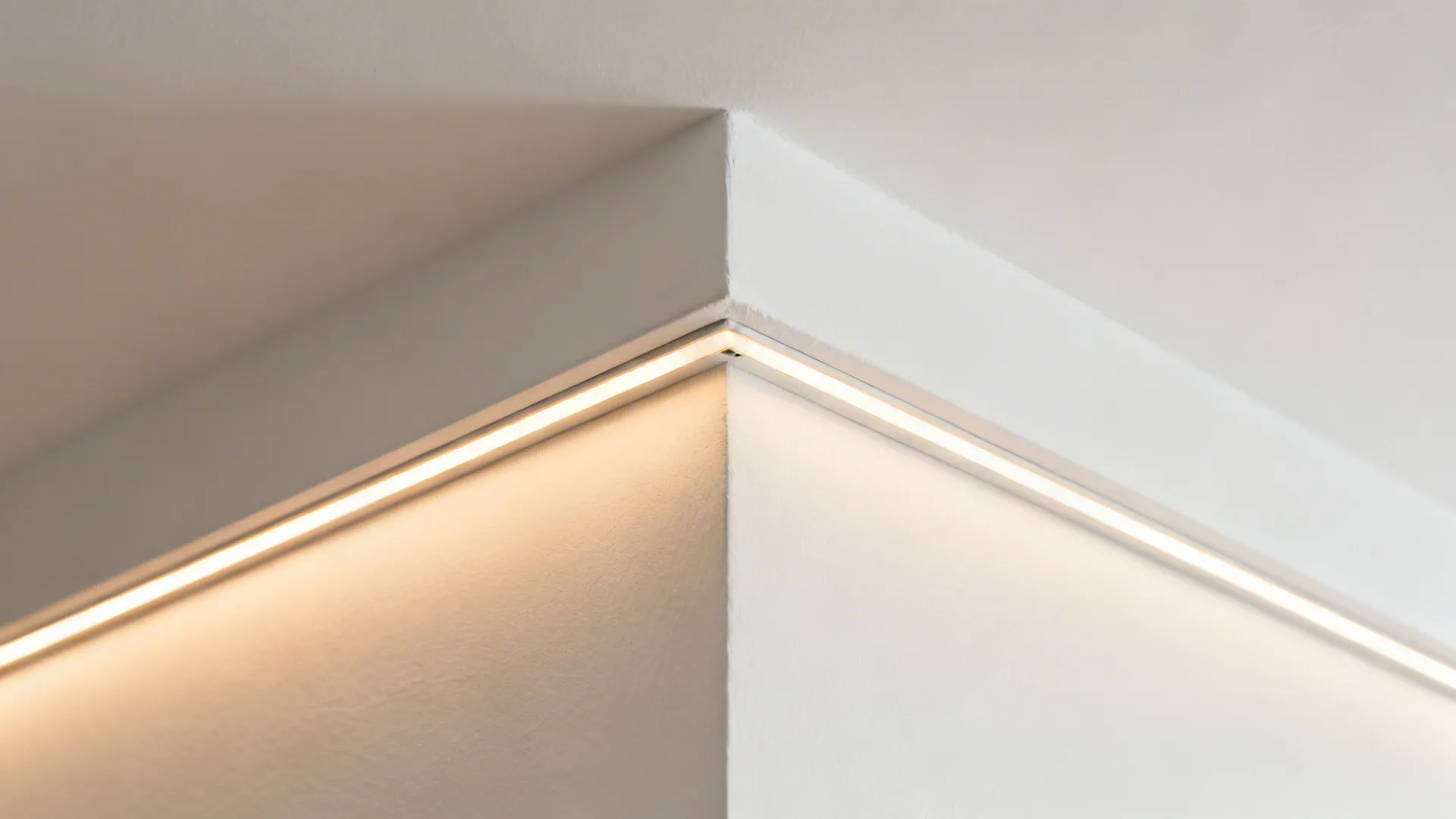 Macro view of a slim ceiling cove with warm LED light and matte finish.