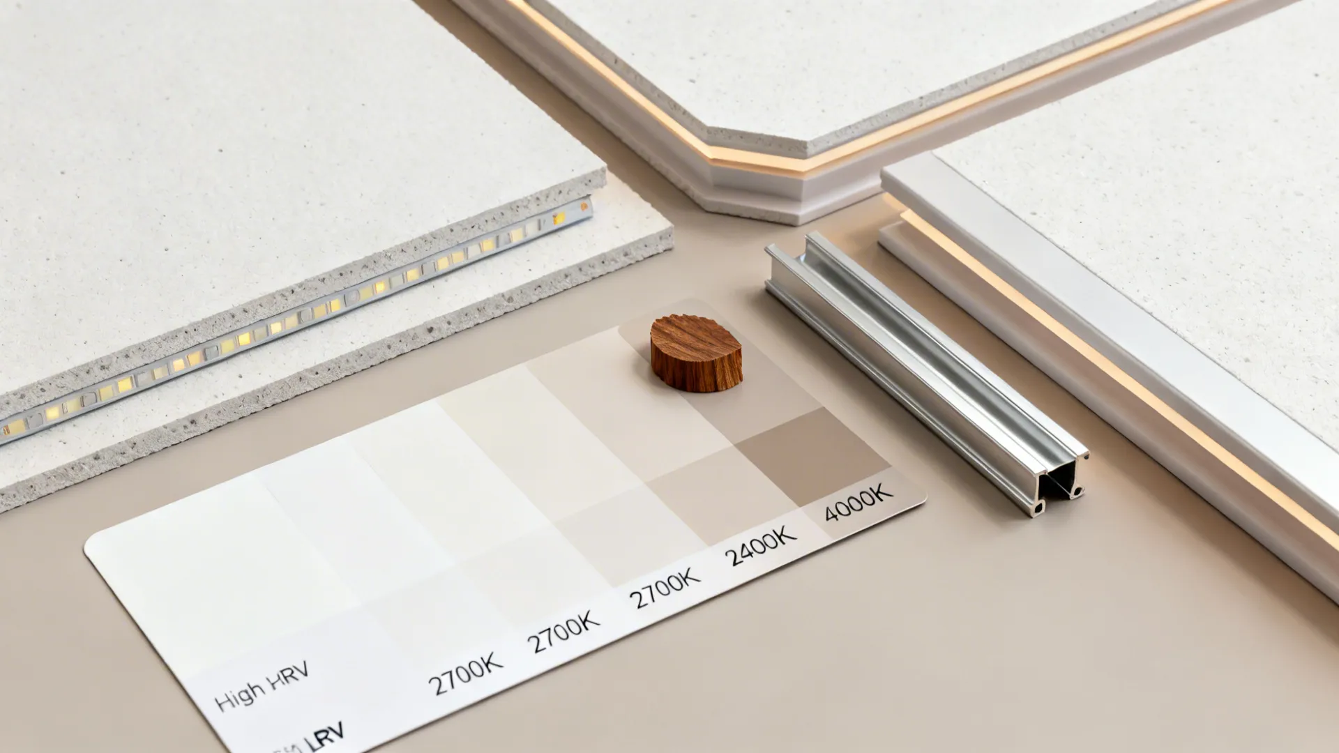Flat lay with gypsum board, LED strips from warm to neutral white, profiles, and white paint swatches.