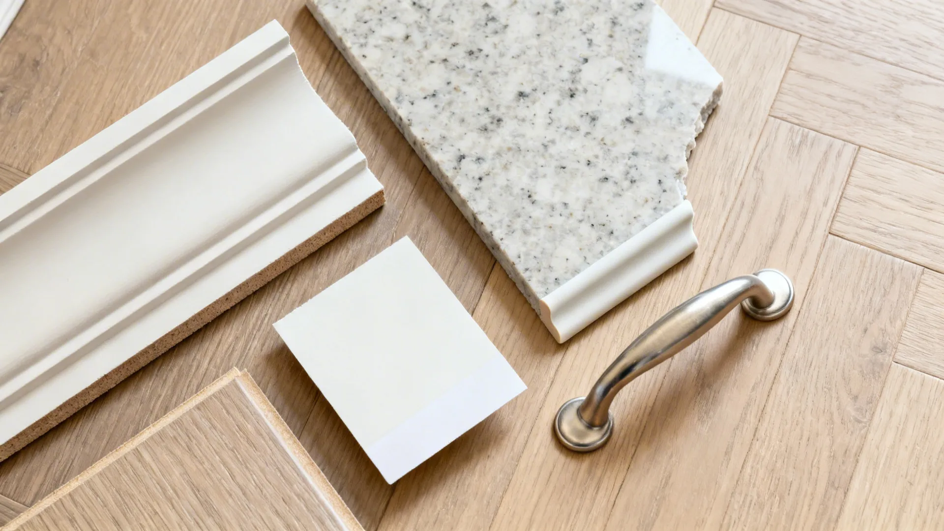 Top-down flat lay of cove crown sample with matching quartz, paint, pull, and oak floor.