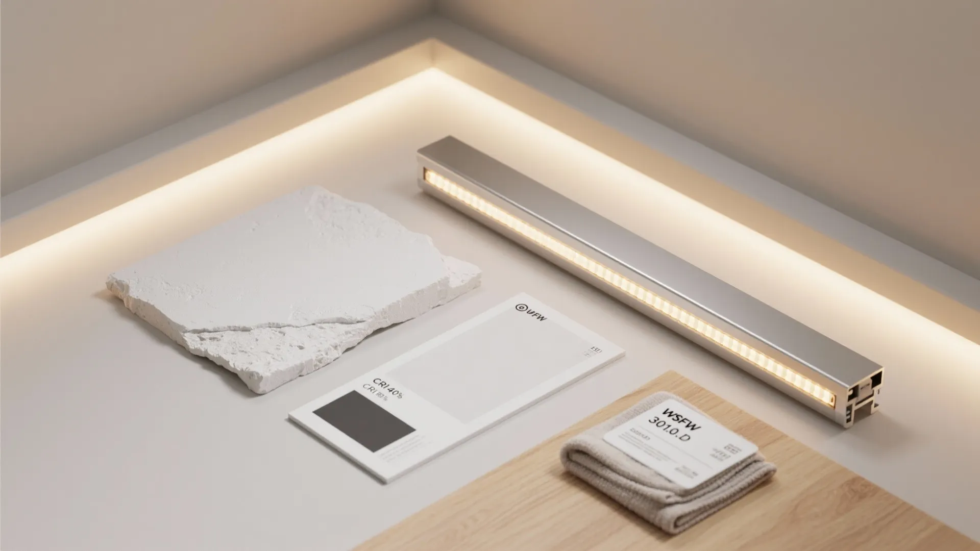 Material samples showing stone color card fabric wood and a long metal linear light fixture