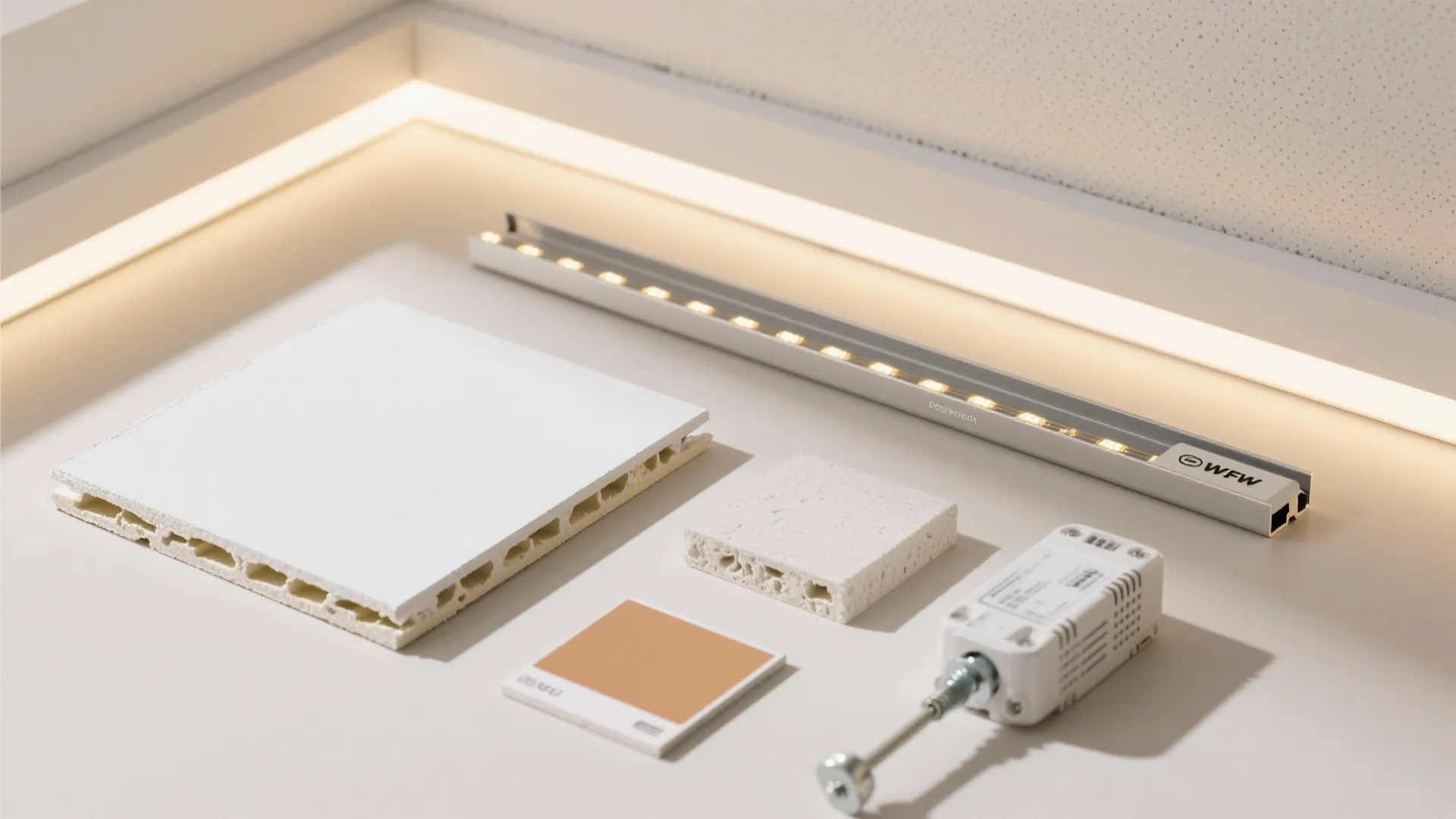 Set of building materials including light strip white panel square sample and small power device