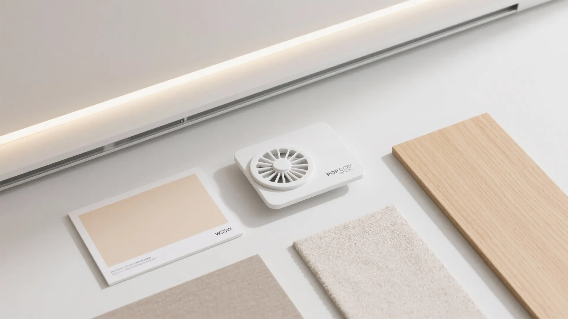 Flat lay of POP cove materials: matte white paint, LED strip with diffuser, and neutral finishes.