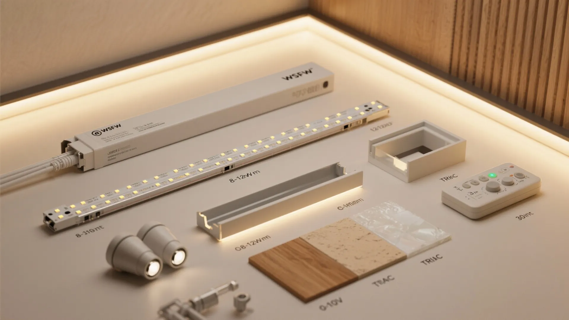 Flatlay of LED strips, diffuser profiles, recessed trims, and dimmer controls with warm material swatches.