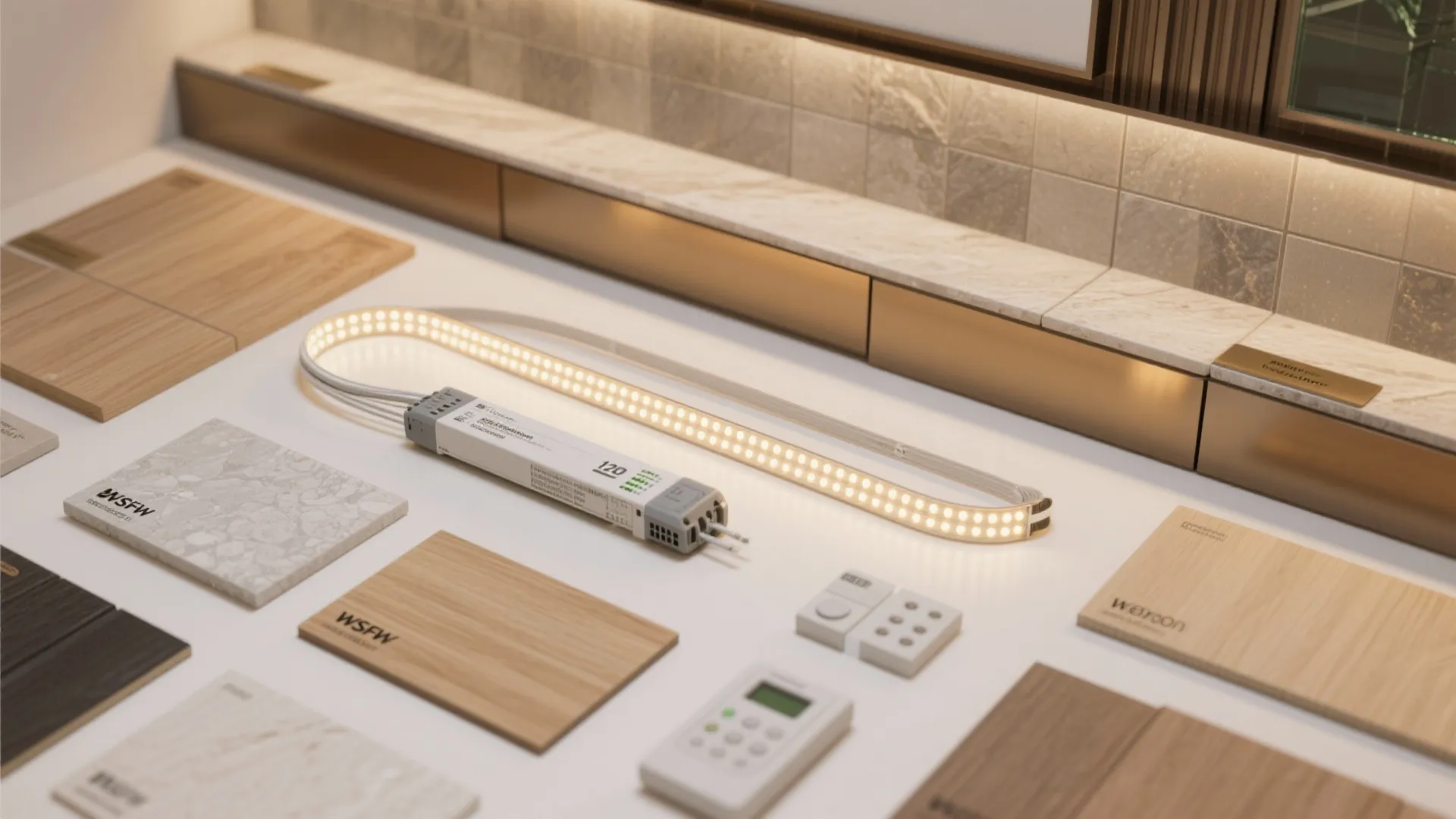 Top-down flat lay of warm-dim LED tape, drivers, cove millwork, glass backsplash, and neutral finishes.