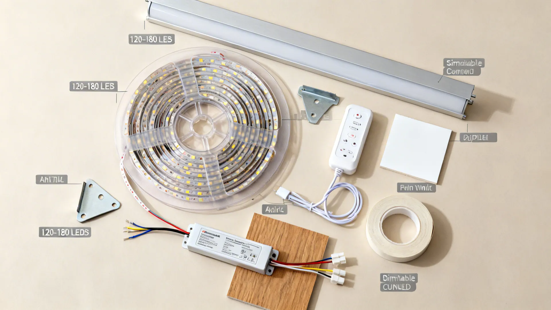 Flat lay of cove lighting components with LED strip, aluminum channel, diffuser, and driver.