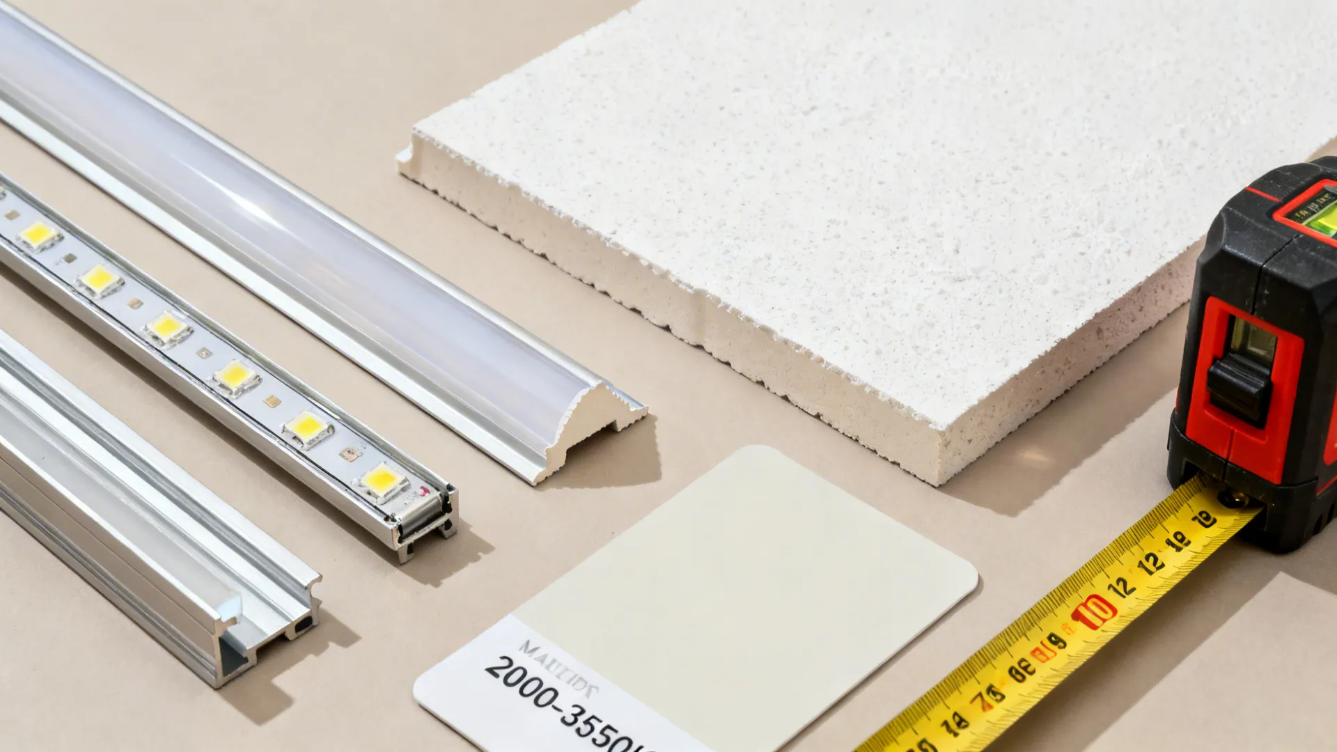 Flat lay of LED strips, aluminum channels, diffusers, and gypsum samples for cove lighting.