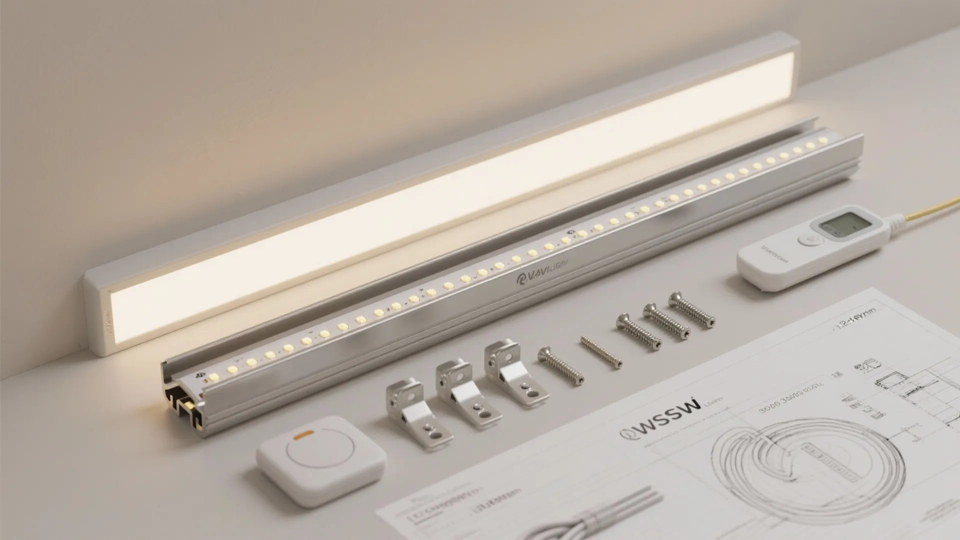 LED light strip parts including metal bars screws remote control and interior design drawing plans