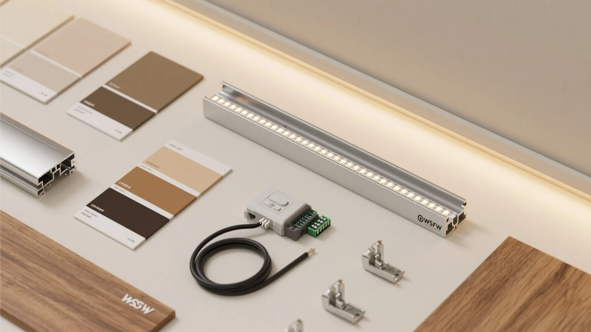 Flatlay of matte paint, aluminum channels, LED tape, dimmer, and wood samples for cove lighting.