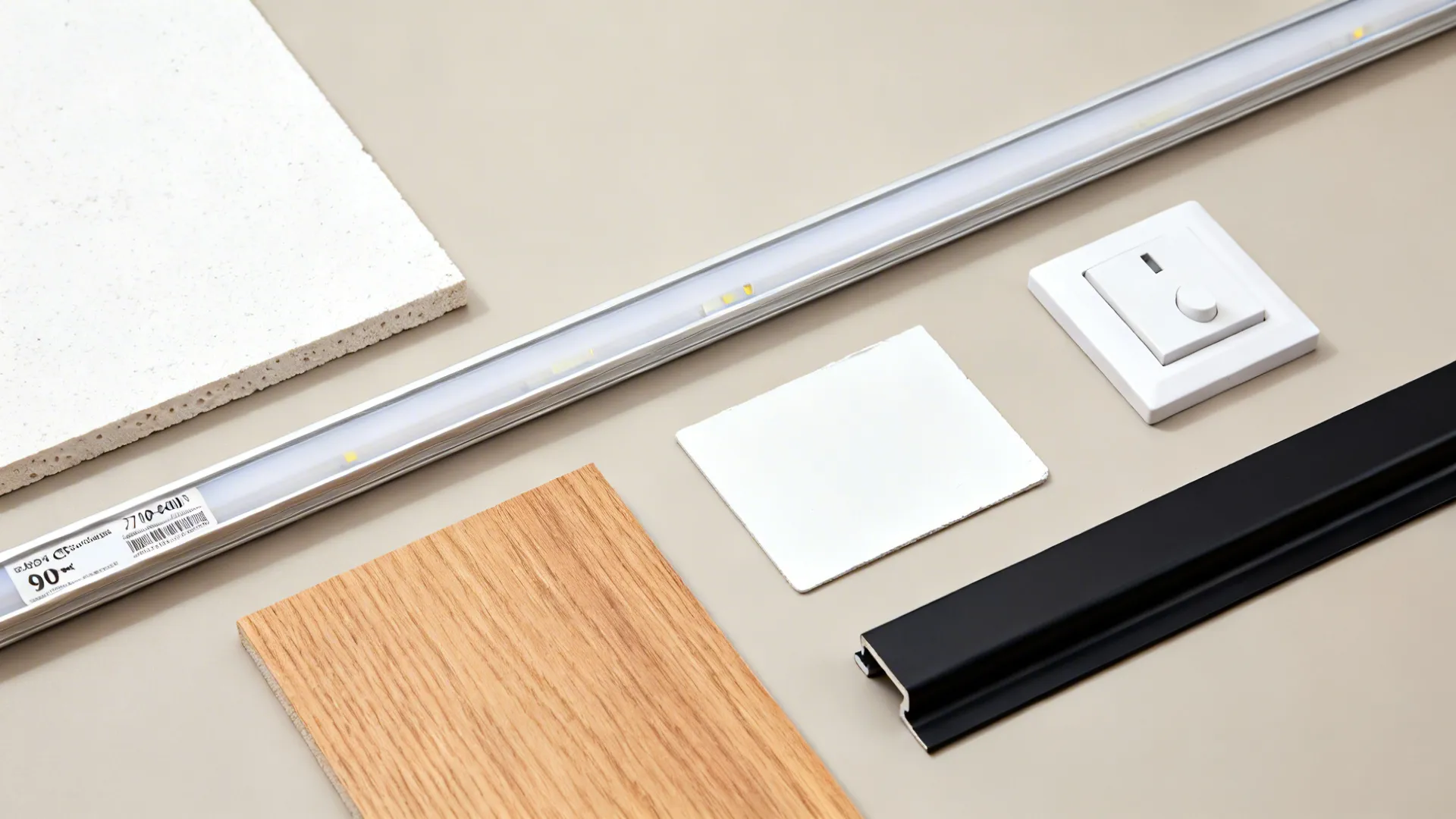 Flatlay of gypsum, LED channel, warm LED strip, paint chip, and wood veneer for cove ceilings.