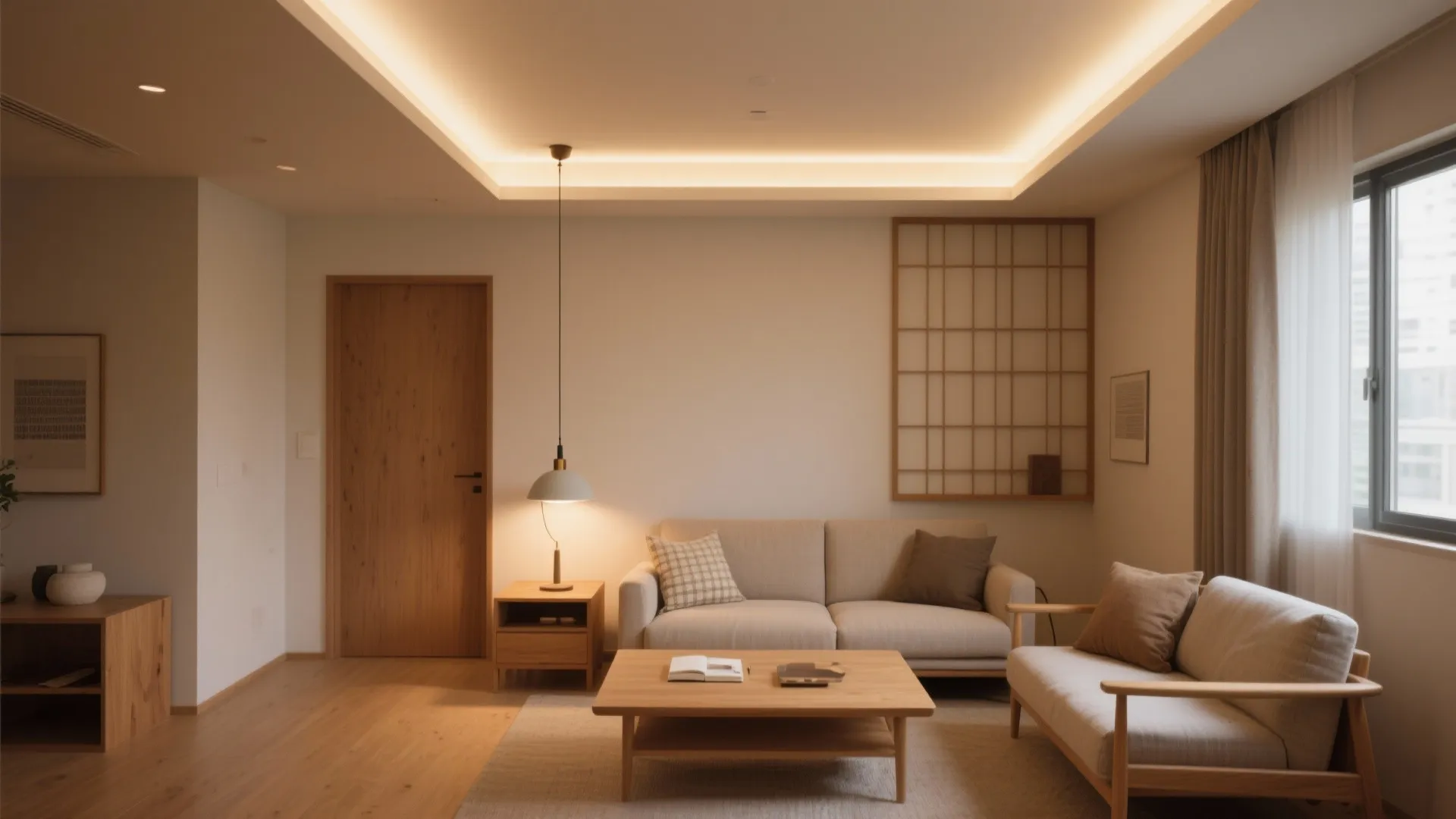 Modern Japanese style living room with light fixture hanging above wooden table and beige sofa