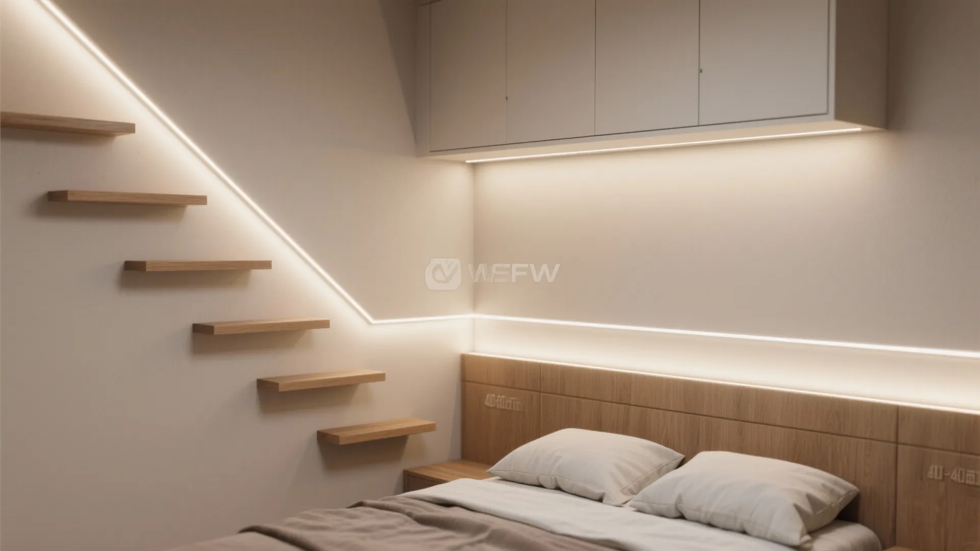 Thin cove edges and micro-shelves conceal LED strips to create indirect sculptural wall lighting.