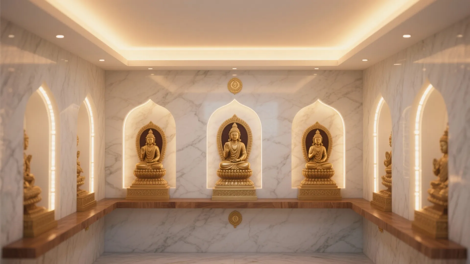 Marble room with arched wall niches containing golden statues on wooden shelves and hidden lights