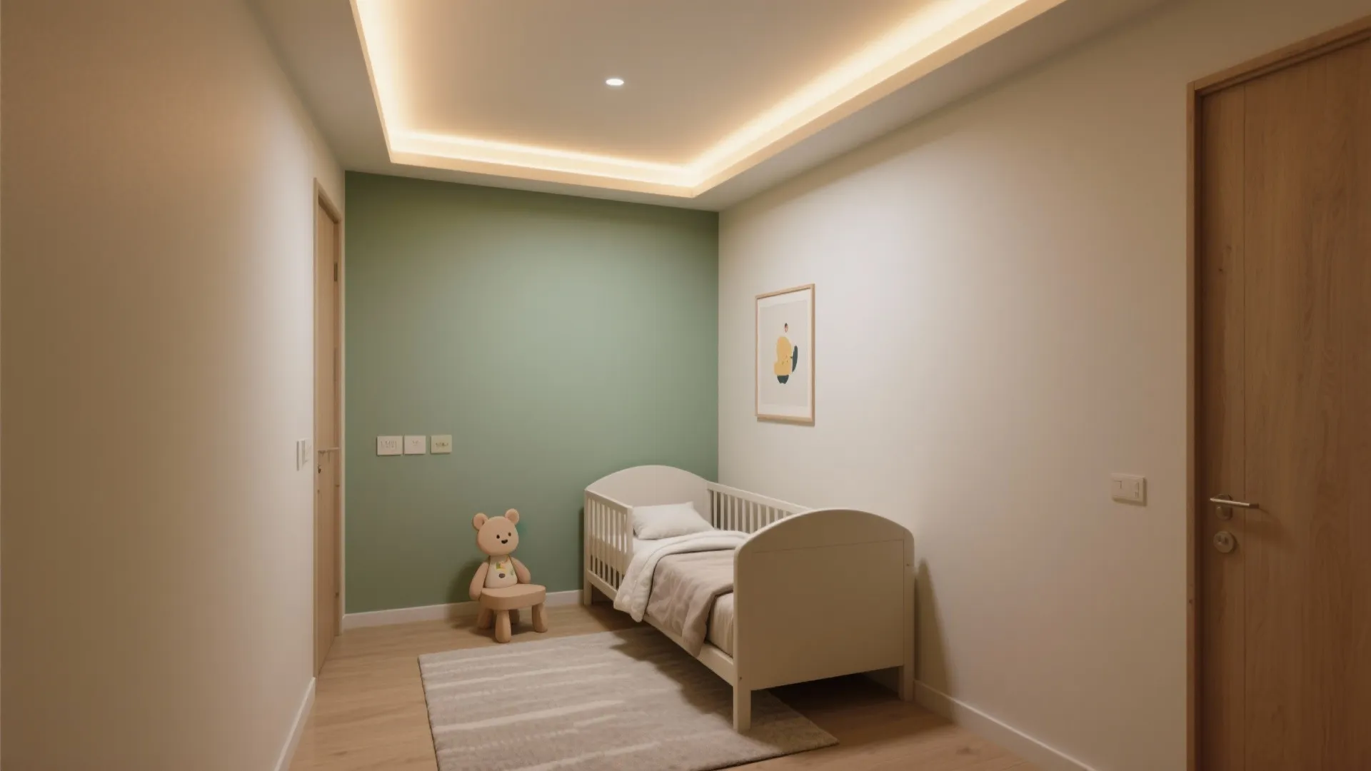 Kids bedroom with white bed and green wall featuring a glowing recessed ceiling light design