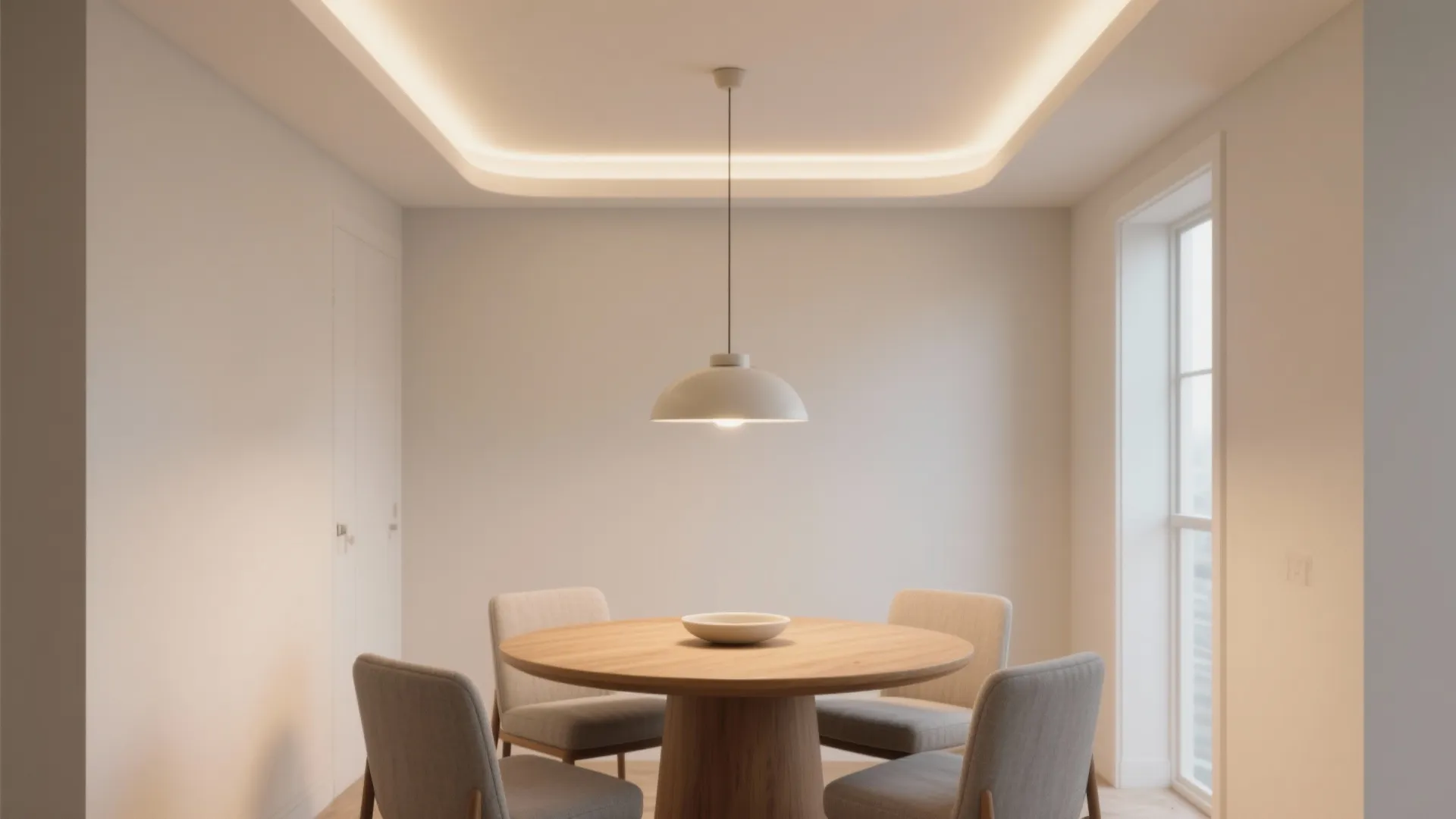 Minimalist dining area featuring a round wooden table grey chairs and hidden ceiling light strips