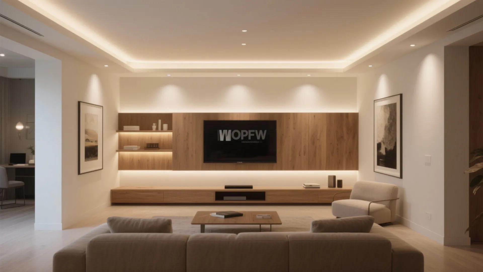 Modern living room with wooden wall panel, television, warm ceiling light, beige sofa and table
