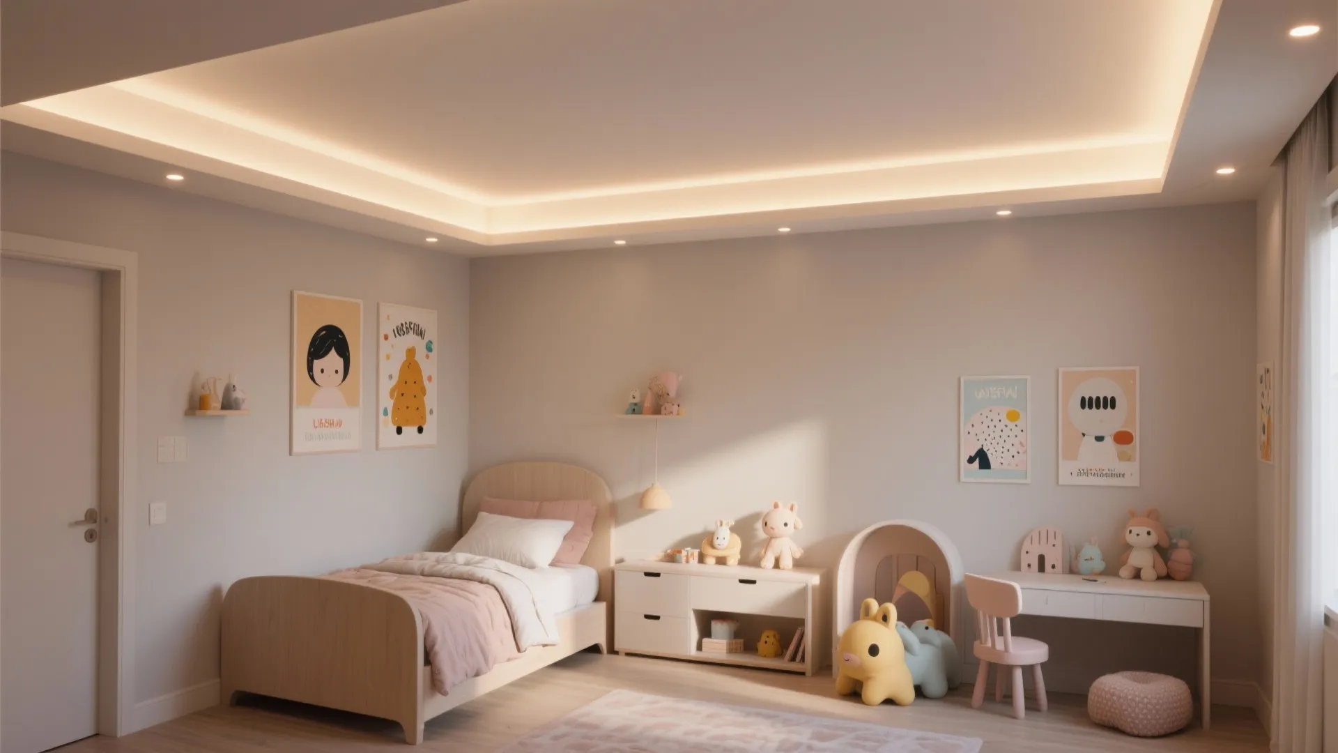 Cozy kids bedroom with warm hidden ceiling lights small wooden bed and cute wall posters