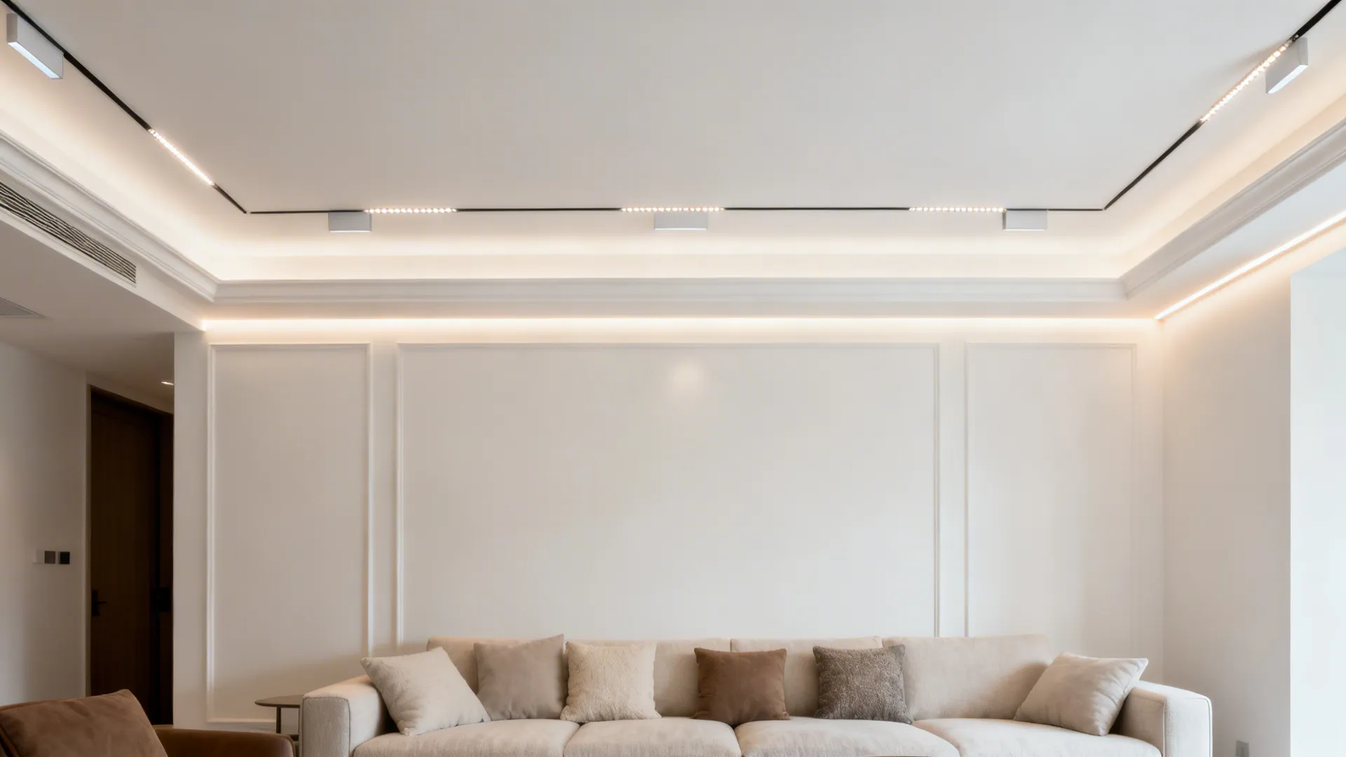 Indirect LED cove lighting creates a floating ceiling effect in a compact living room.