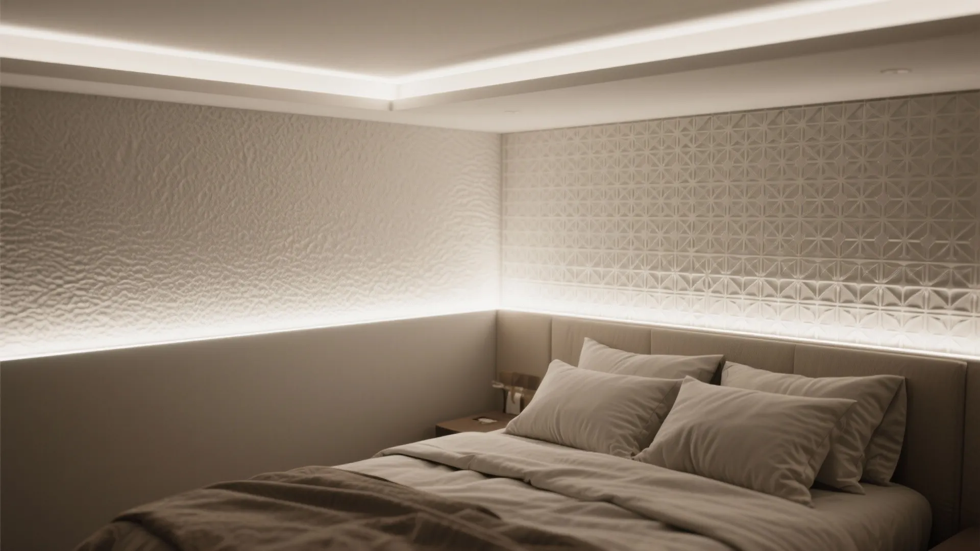 Minimalist bedroom with warm hidden light strips on textured wall panels above a soft grey bed
