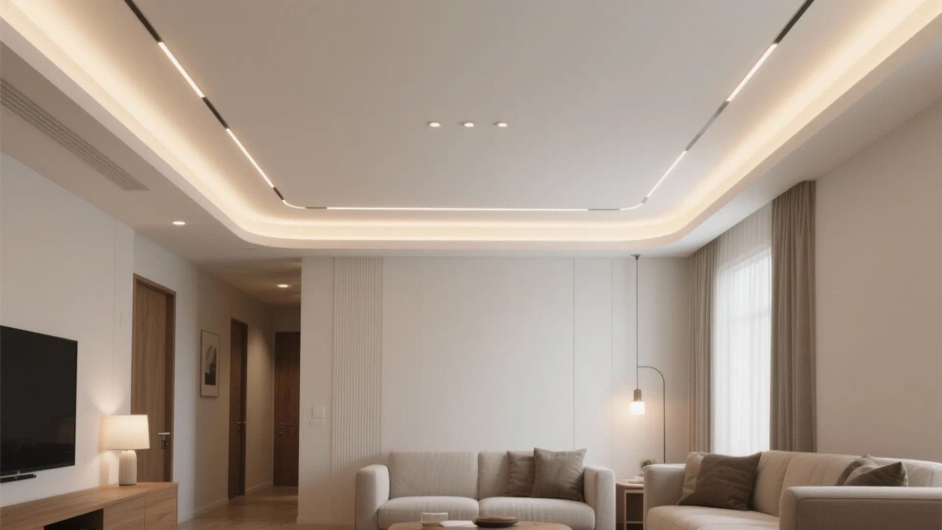 Modern white living room with sofa, wall light, ceiling light, curtain, and wood floor design