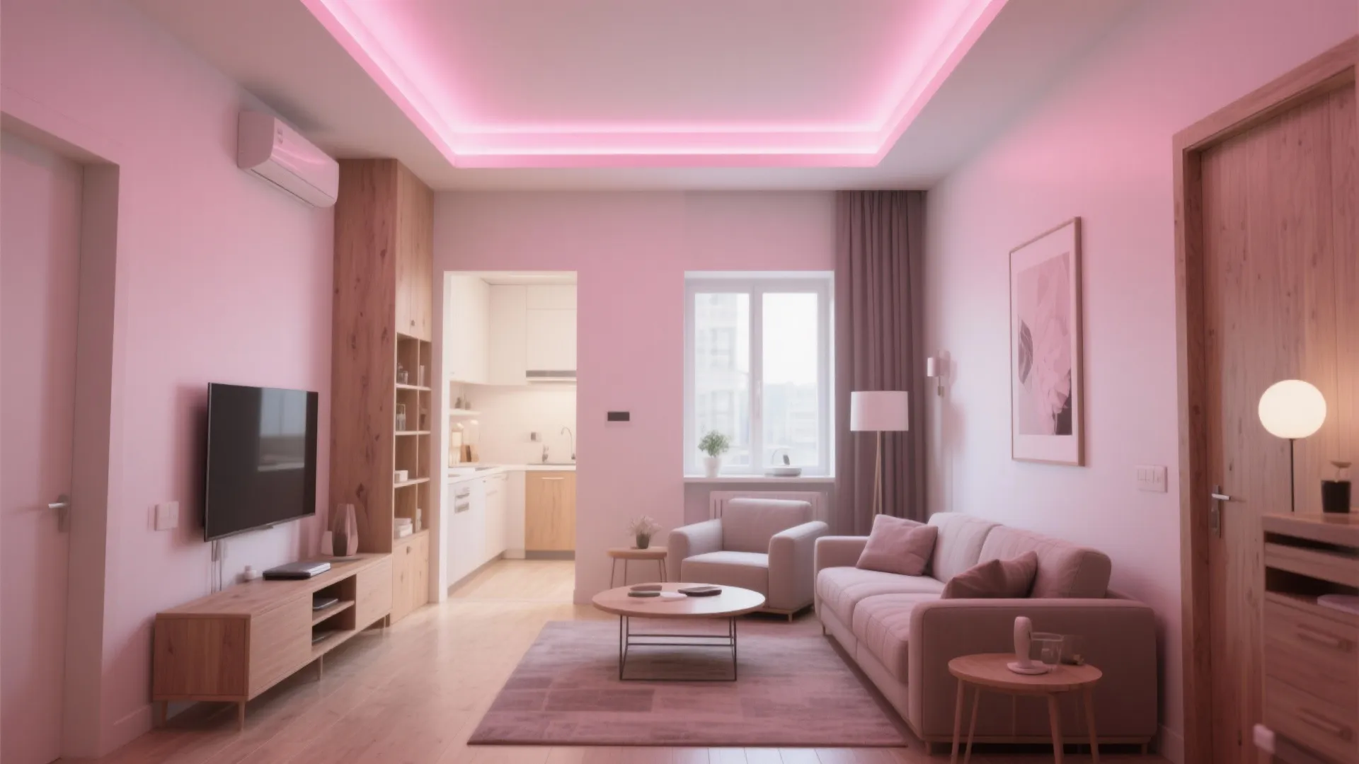 Small living room with blush-pink LED cove lighting that visually lifts the ceiling.