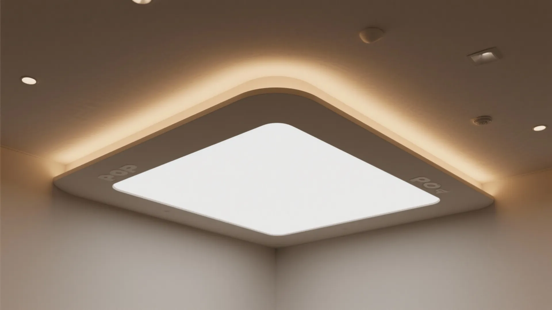 Modern square ceiling light fixture with soft warm hidden lighting and small recessed spot lights