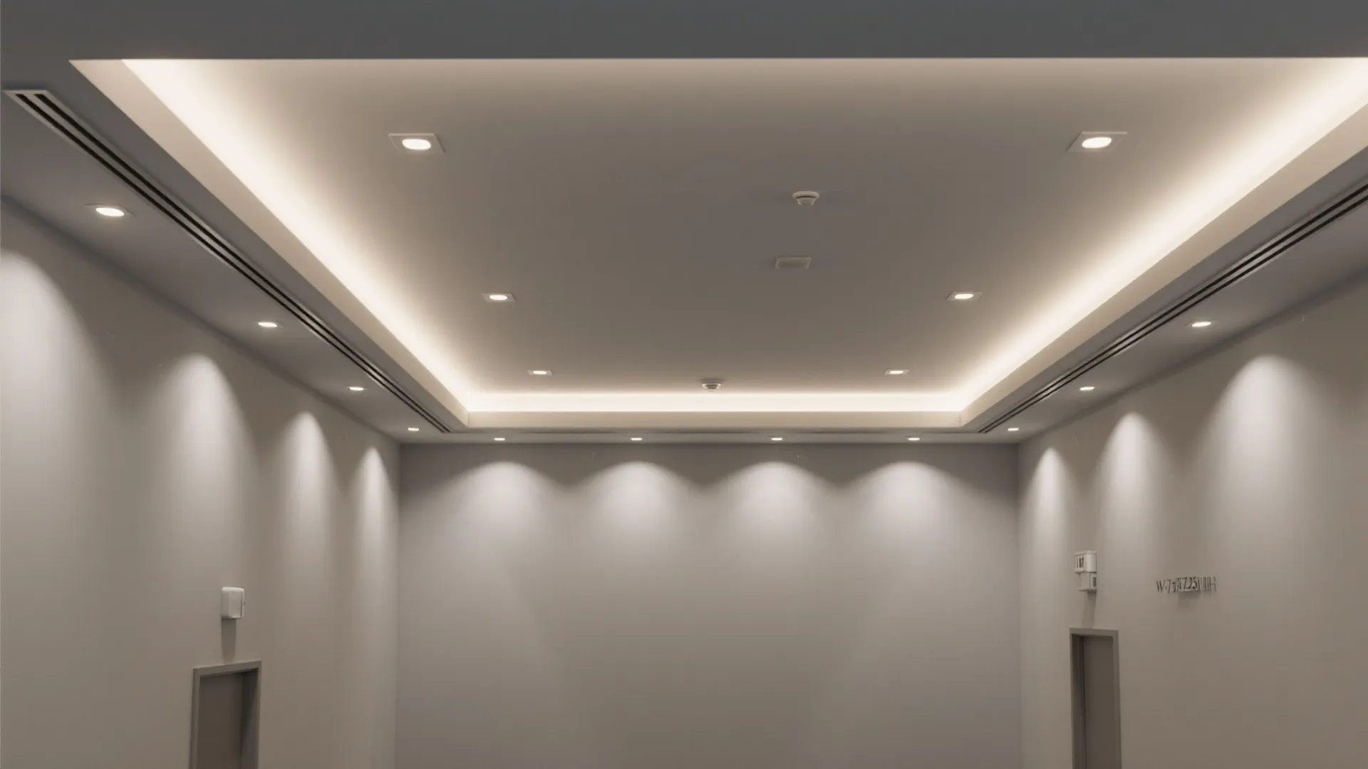 White room showing a ceiling with recessed light strips and many small square light fixtures