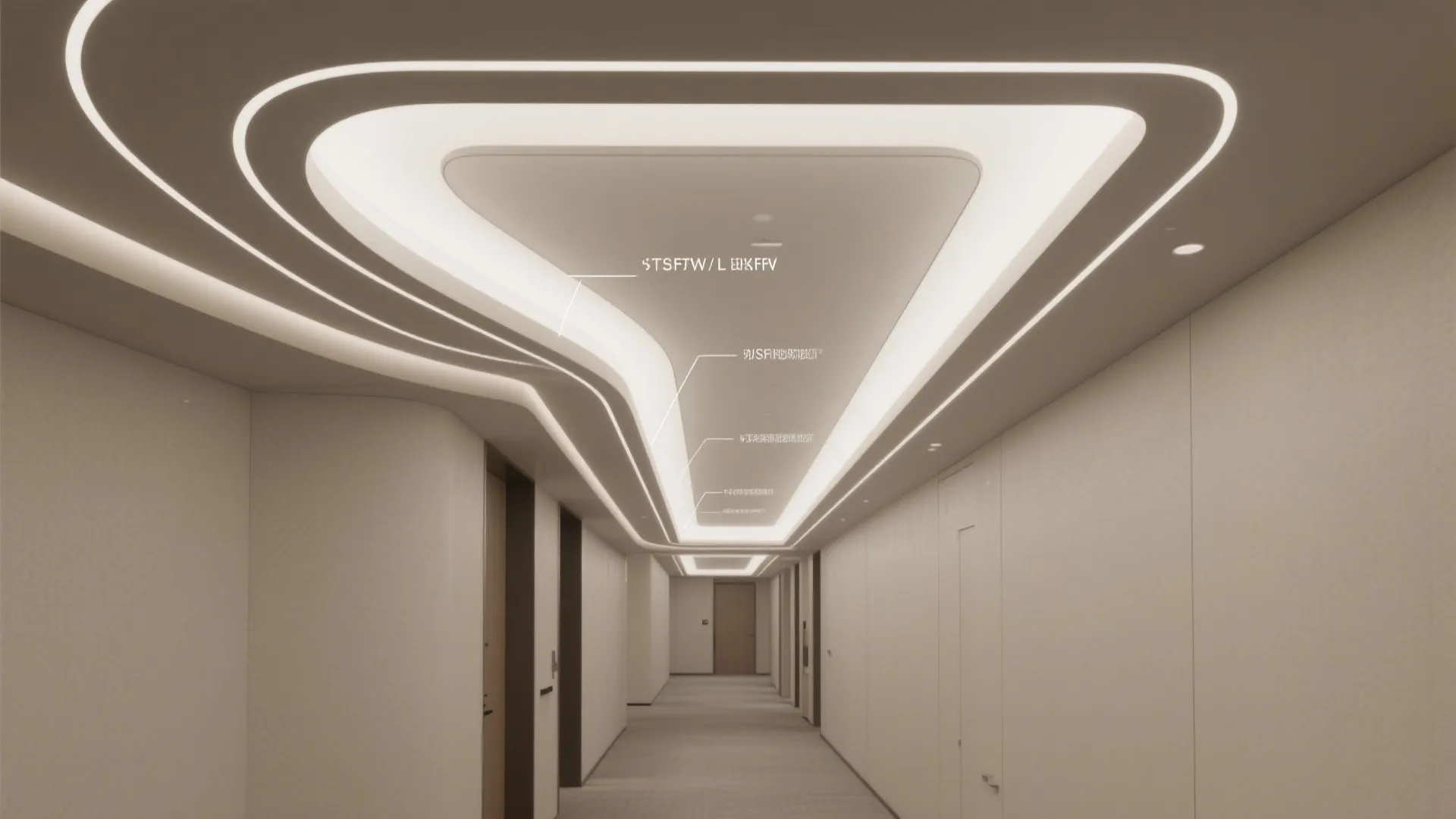 Top-down view of L-hall ceiling plan with two-depth coves and smooth corner radius.