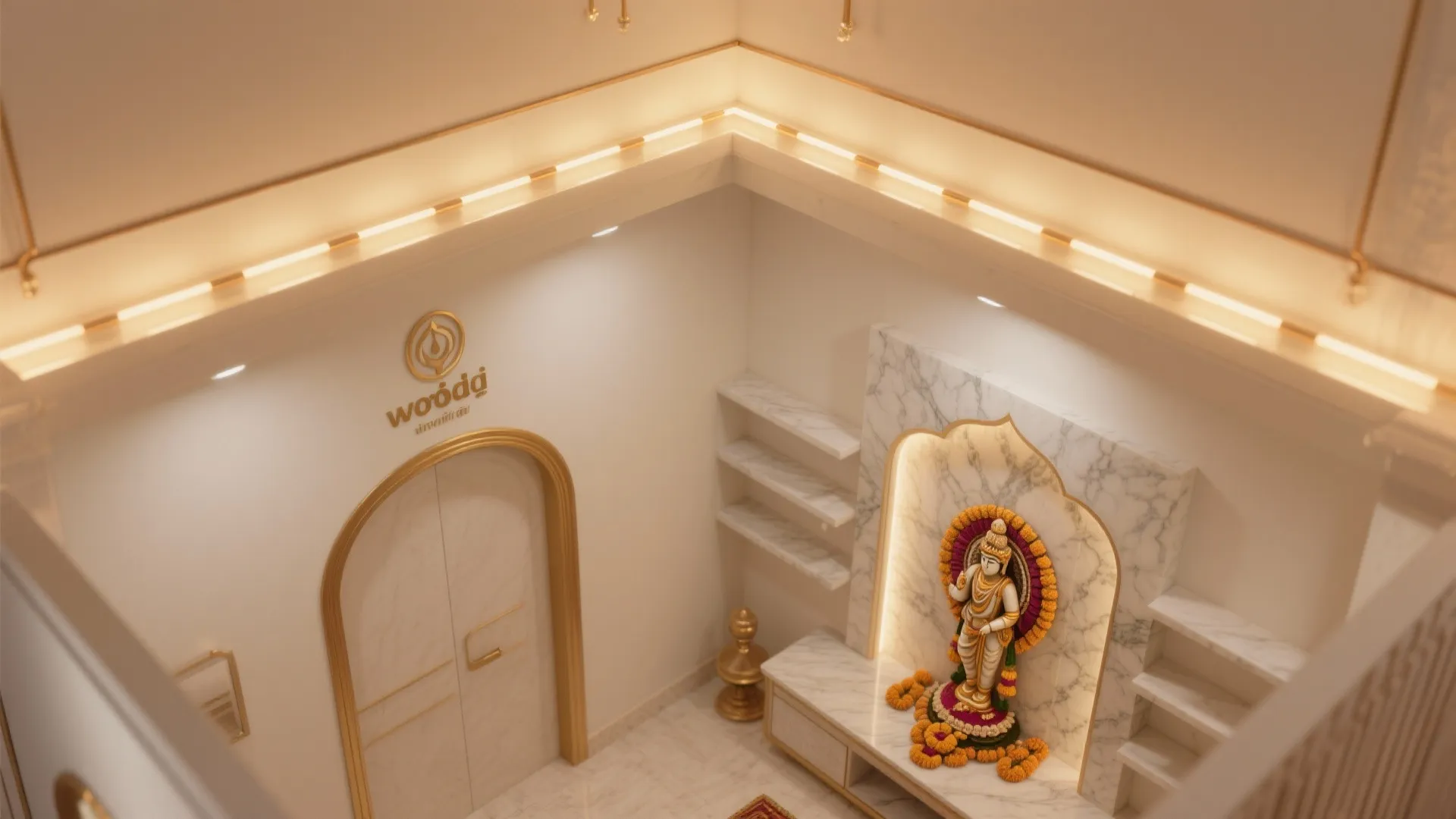 Top view of a prayer room layout with marble altar white walls and gold door details