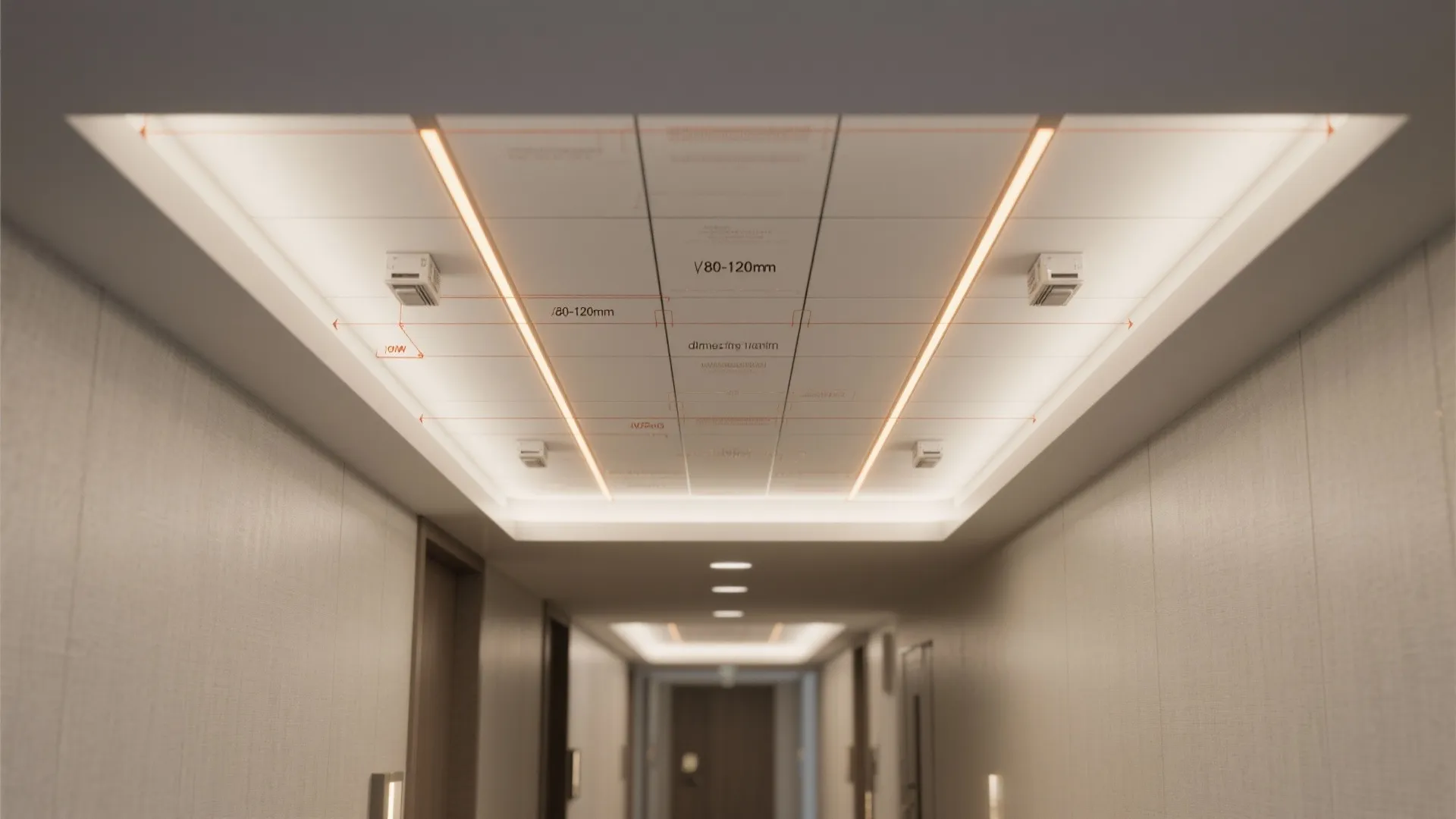 Interior design drawing showing ceiling light layout with technical measurements for a long narrow hallway