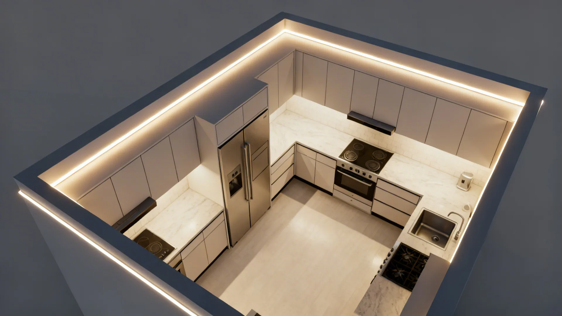 Interior design drawing showing a top view of a small kitchen with white cabinets and fridge