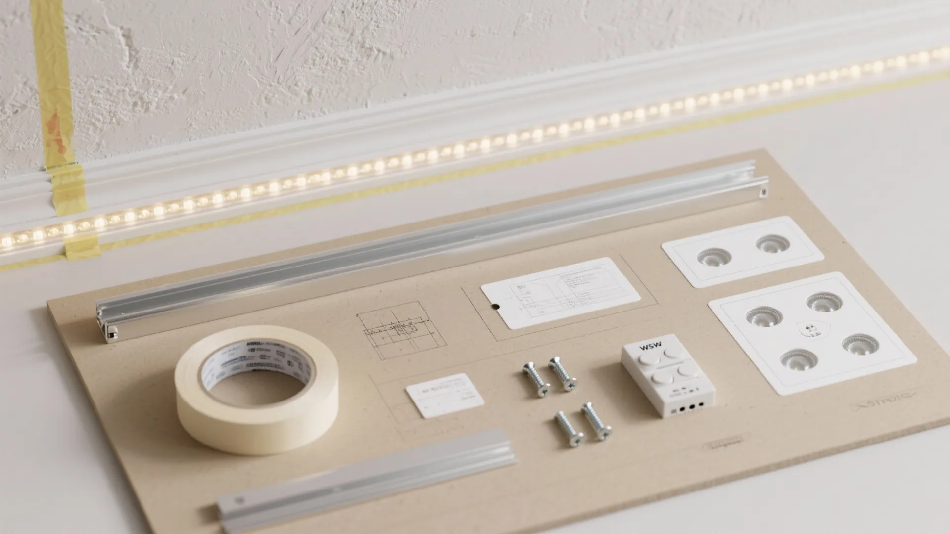 Interior lighting installation kit with tape screws light fixtures metal tracks and design plans on board