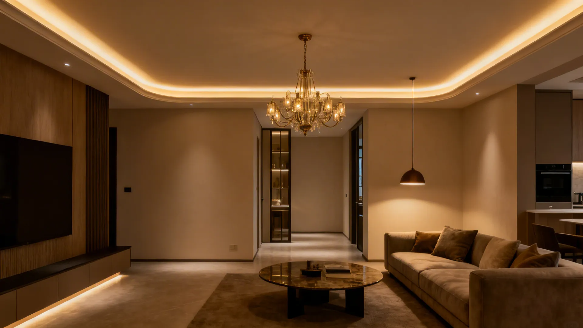 Perimeter cove lighting lifts the ceiling while a central chandelier anchors the lounge.