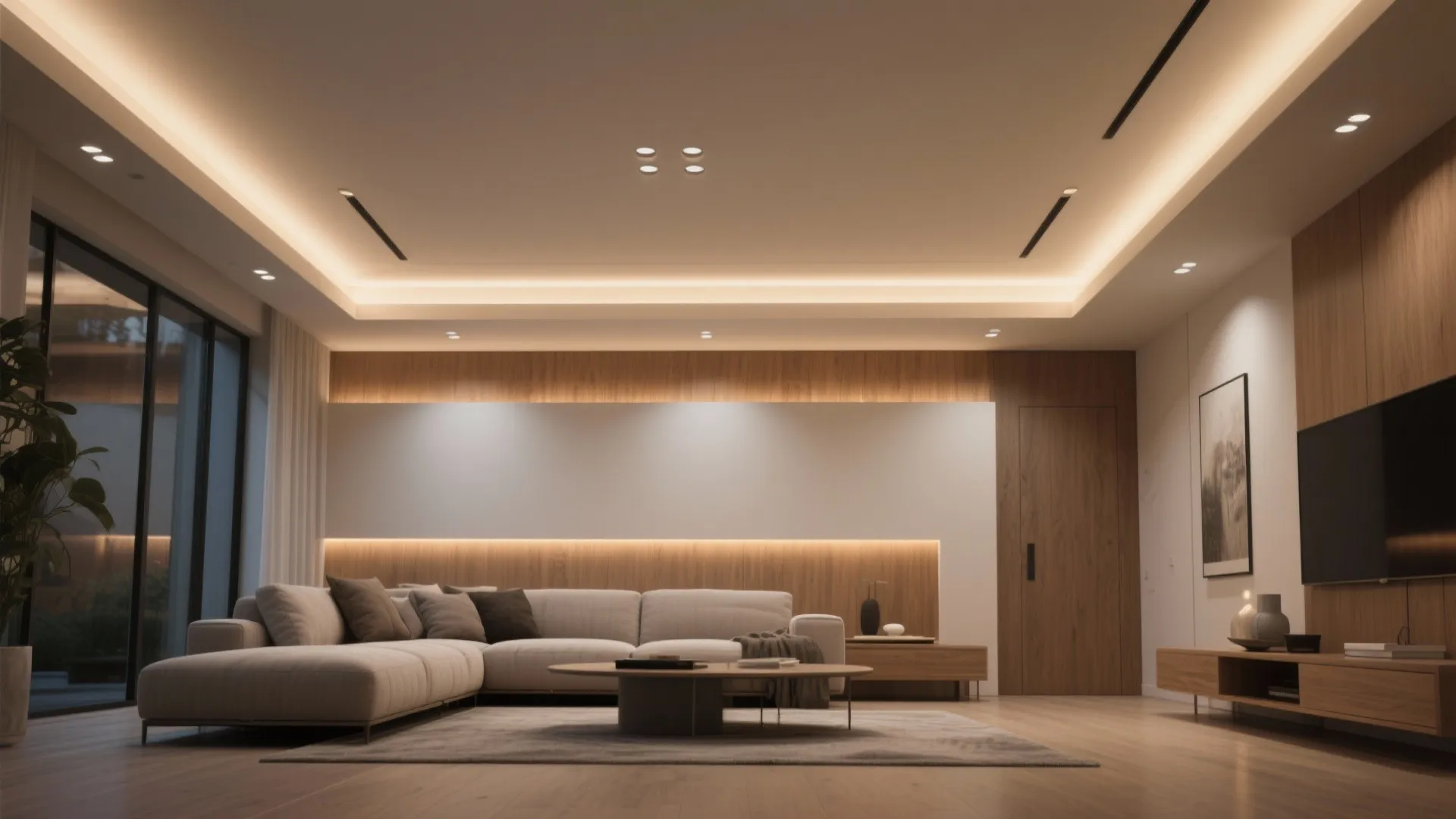 Spacious living room featuring wooden wall panel design and warm hidden ceiling light fixture layout