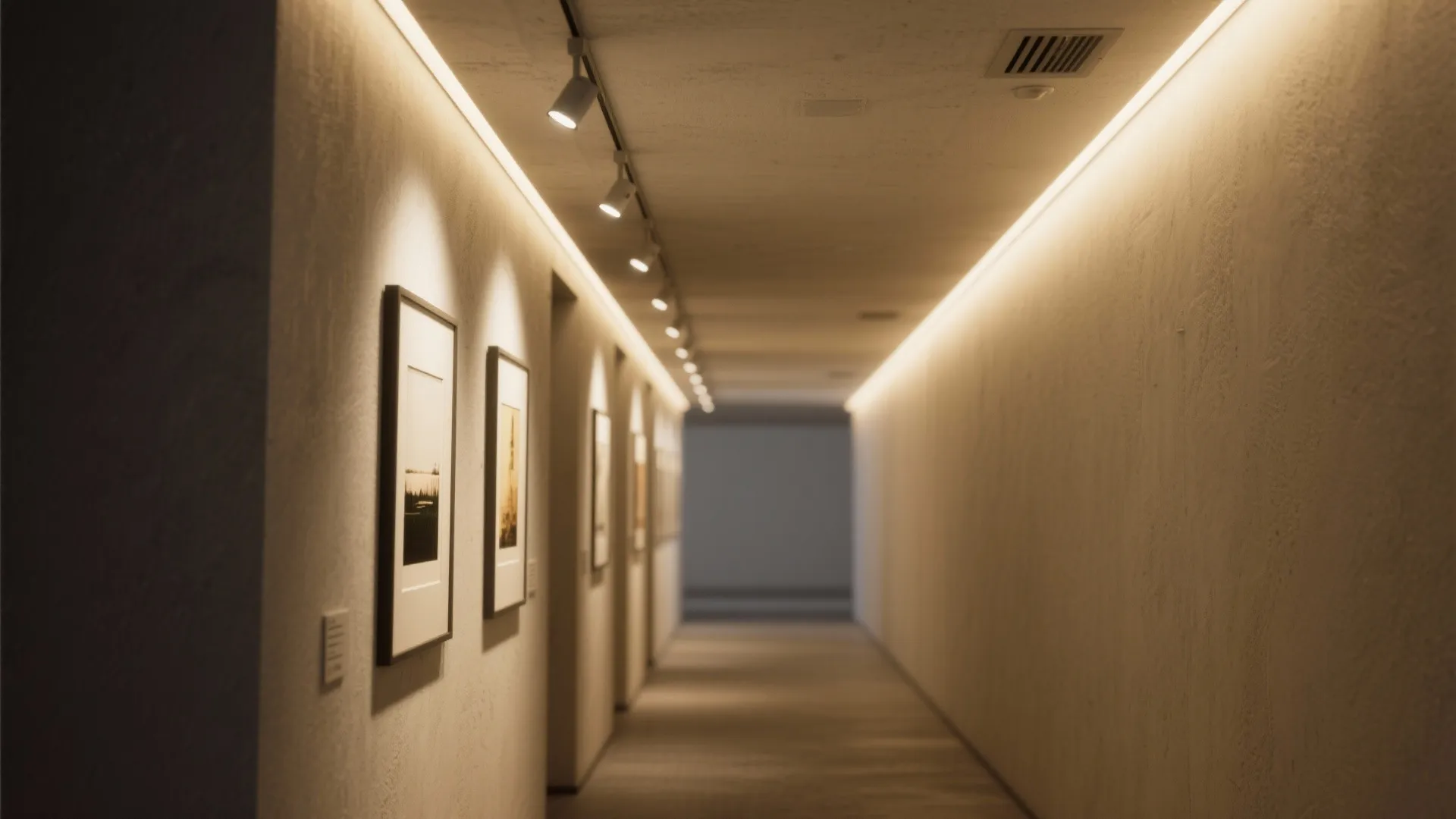 3) Continuous cove lighting with low-glare task spots