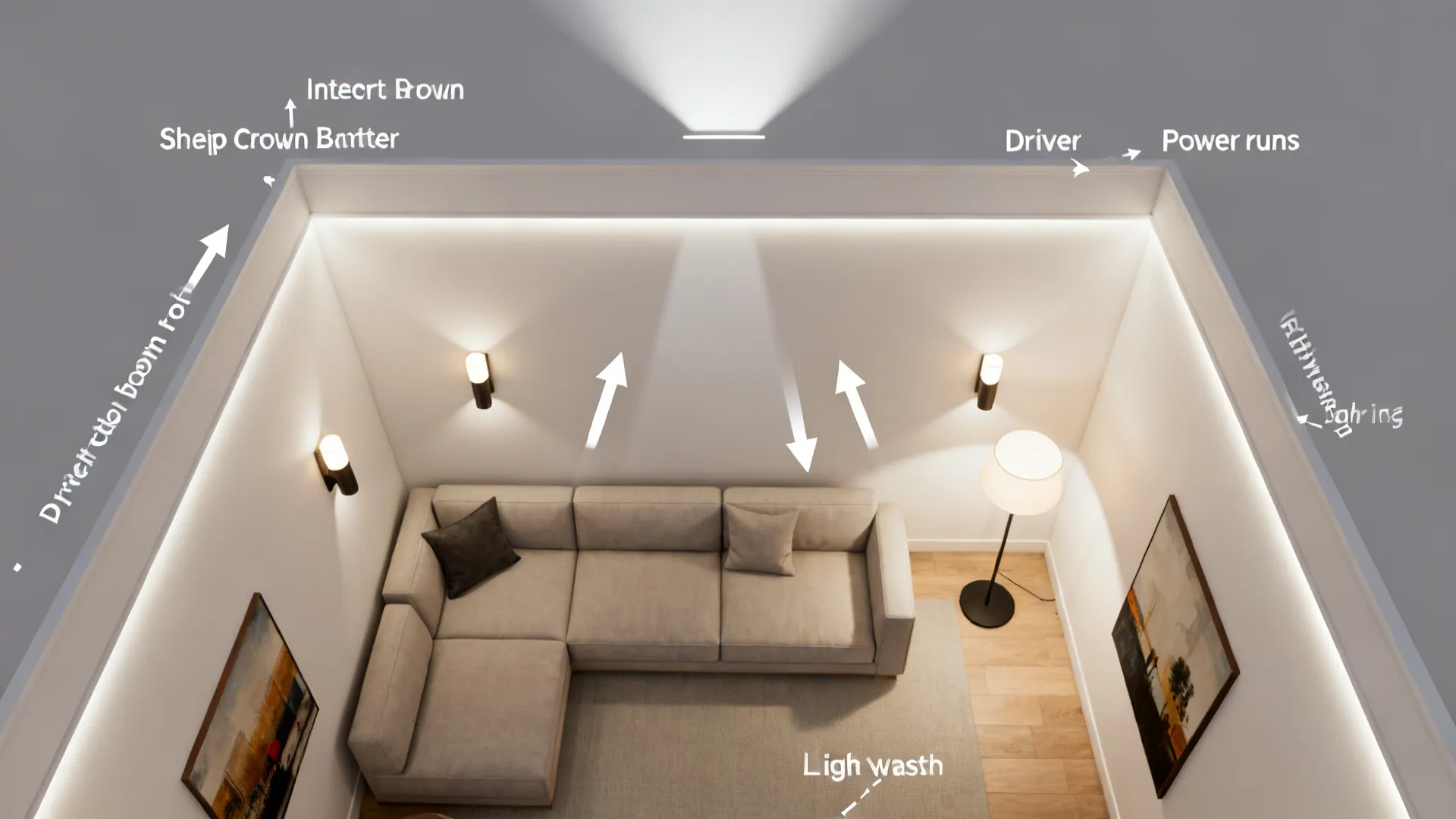 Top-down plan showing LED cove placement around walls and indirect bounce to the ceiling.