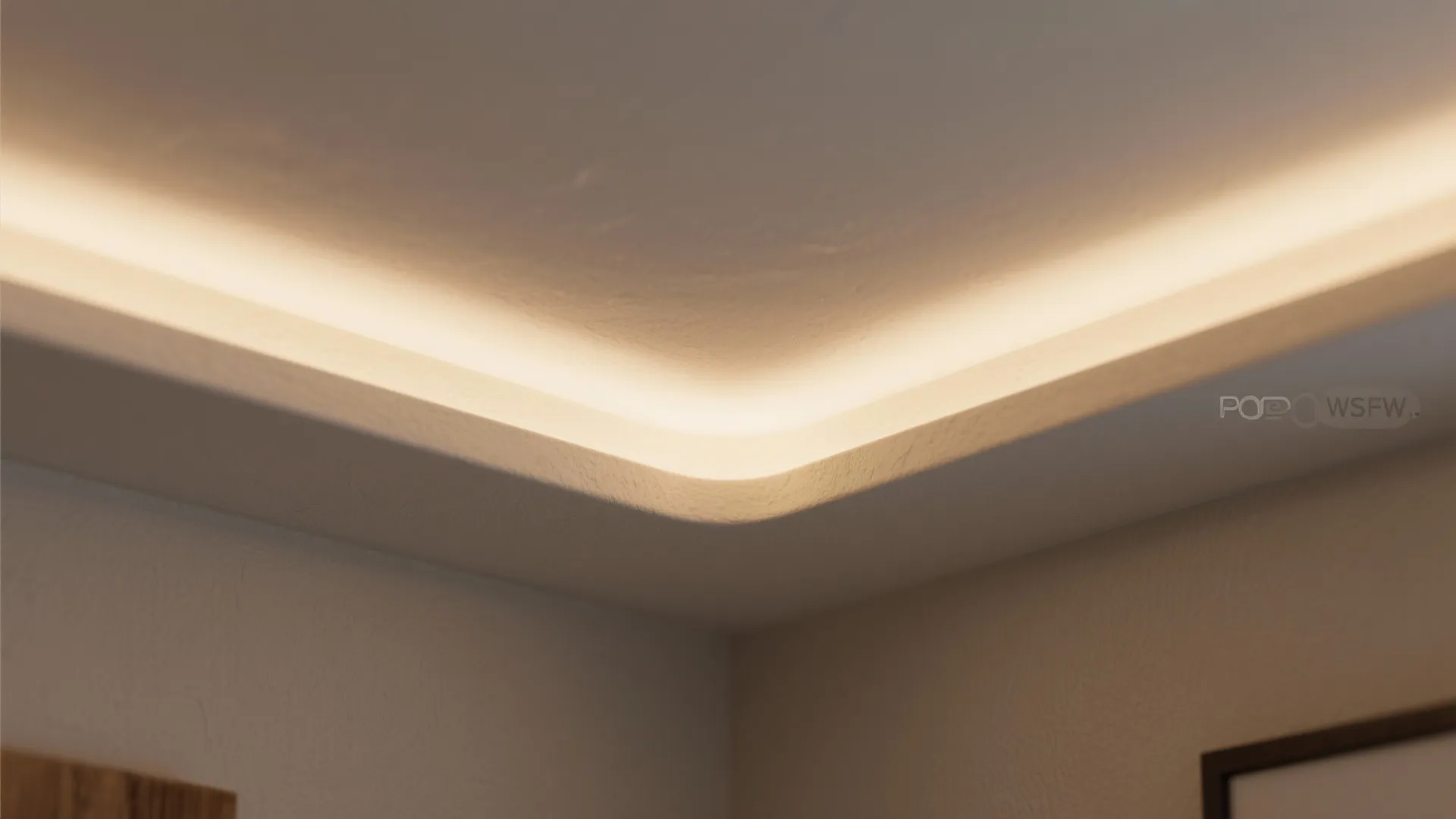 Close up of a ceiling corner with warm light fixture glowing from a recessed edge