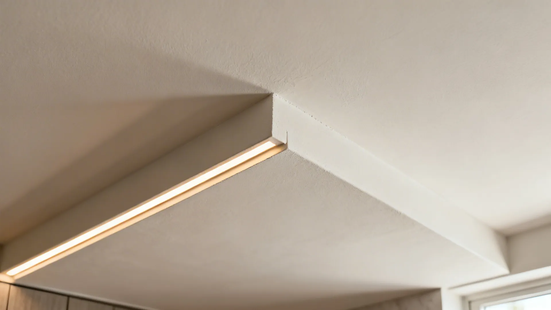 Macro of ultra-slim gypsum plaster cove with warm LED glow and crisp edge.