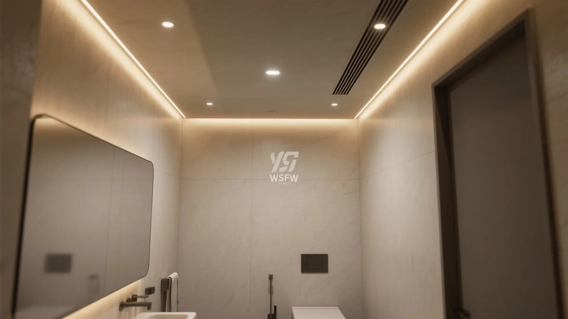 Modern bathroom interior featuring hidden light strips on ceiling with small round ceiling light fixtures