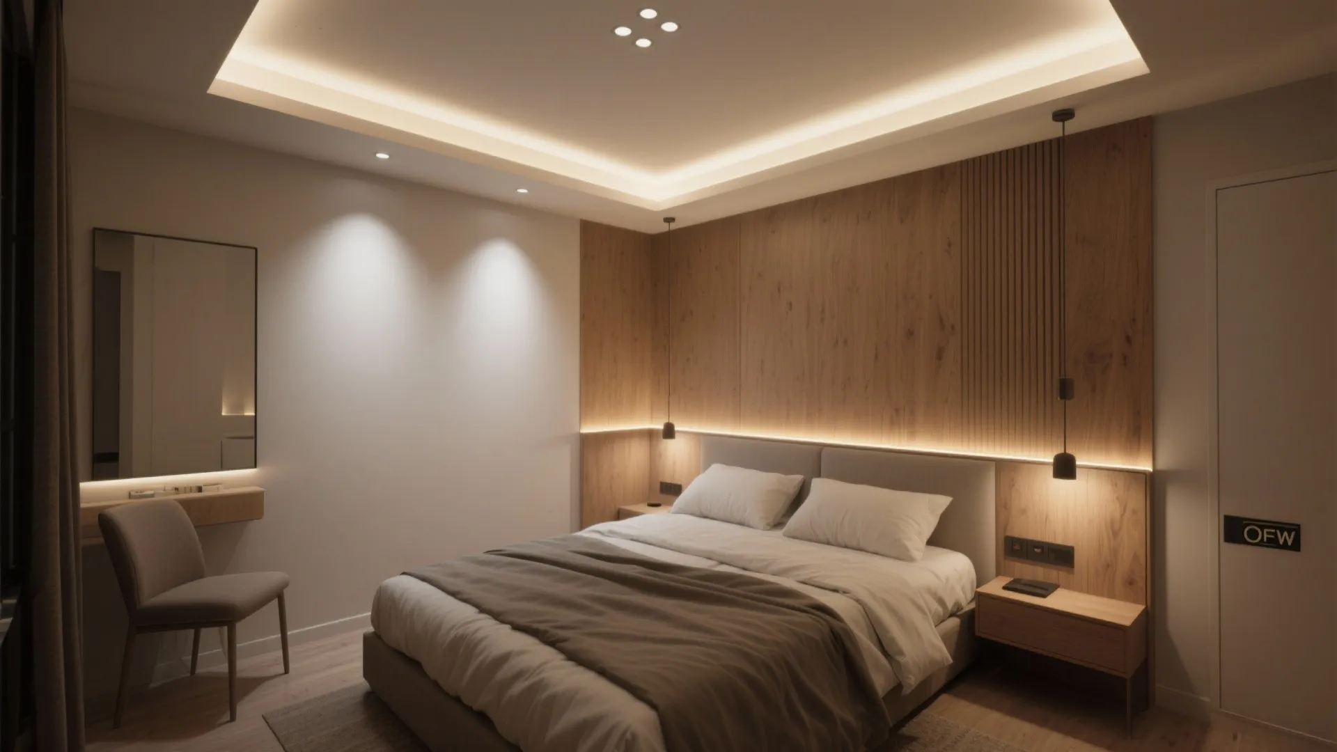 Modern bedroom with wood wall panel hidden warm ceiling light grey bed and vanity mirror