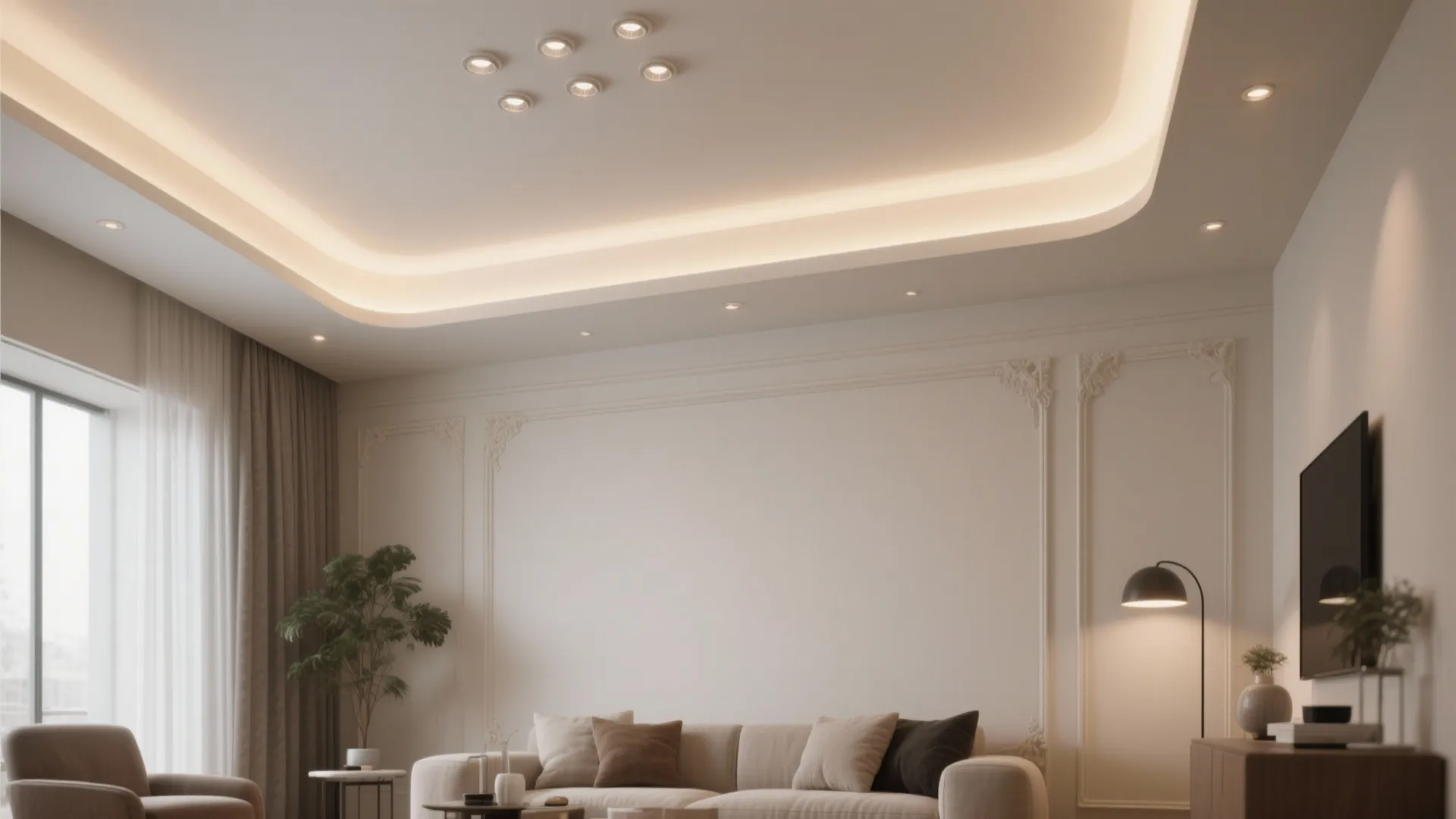 Modern living room with white wall panel sofa and warm glowing light from white ceiling