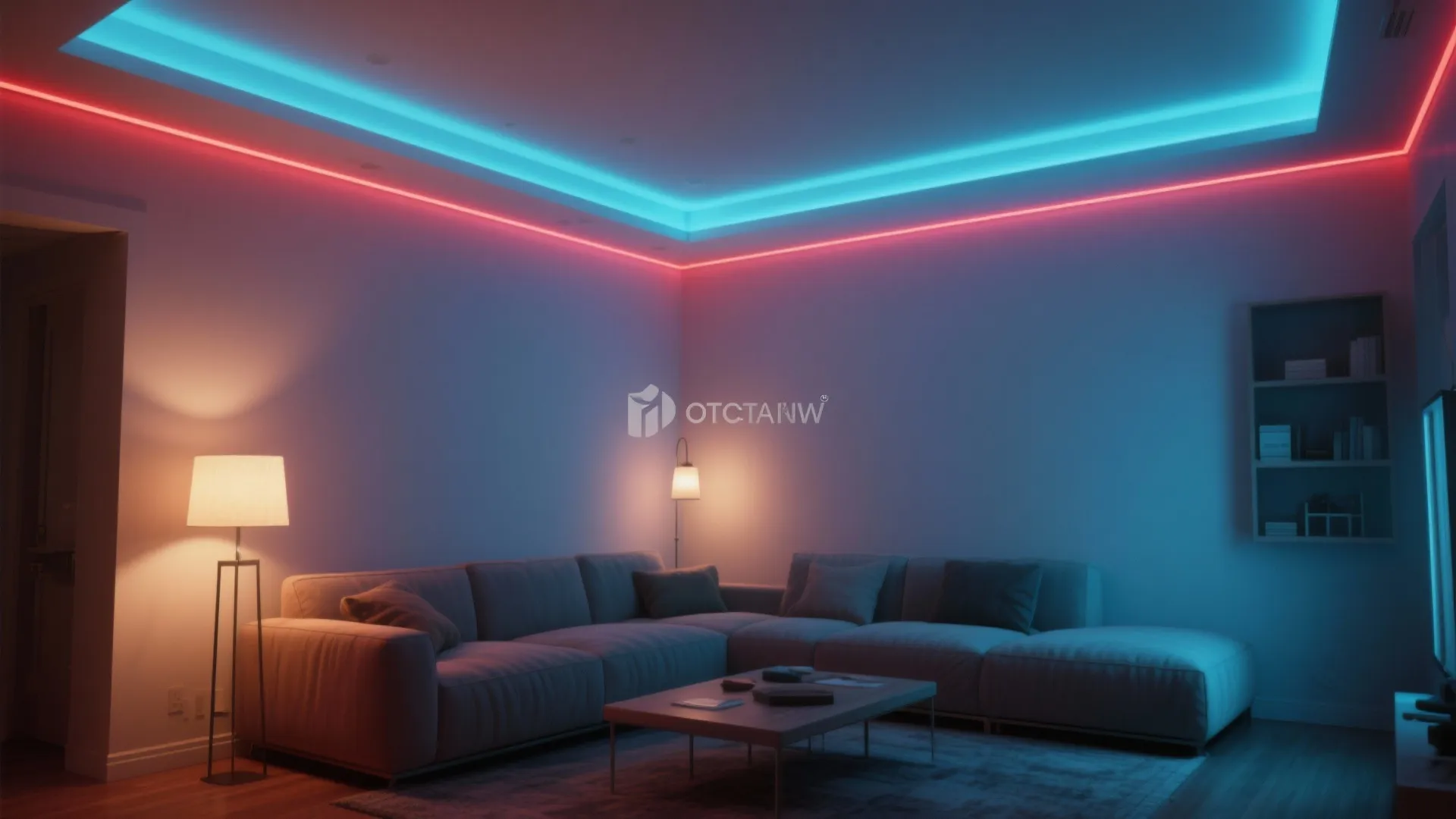 Modern living room with grey sofa, colorful led ceiling lights, floor lamp, and coffee table