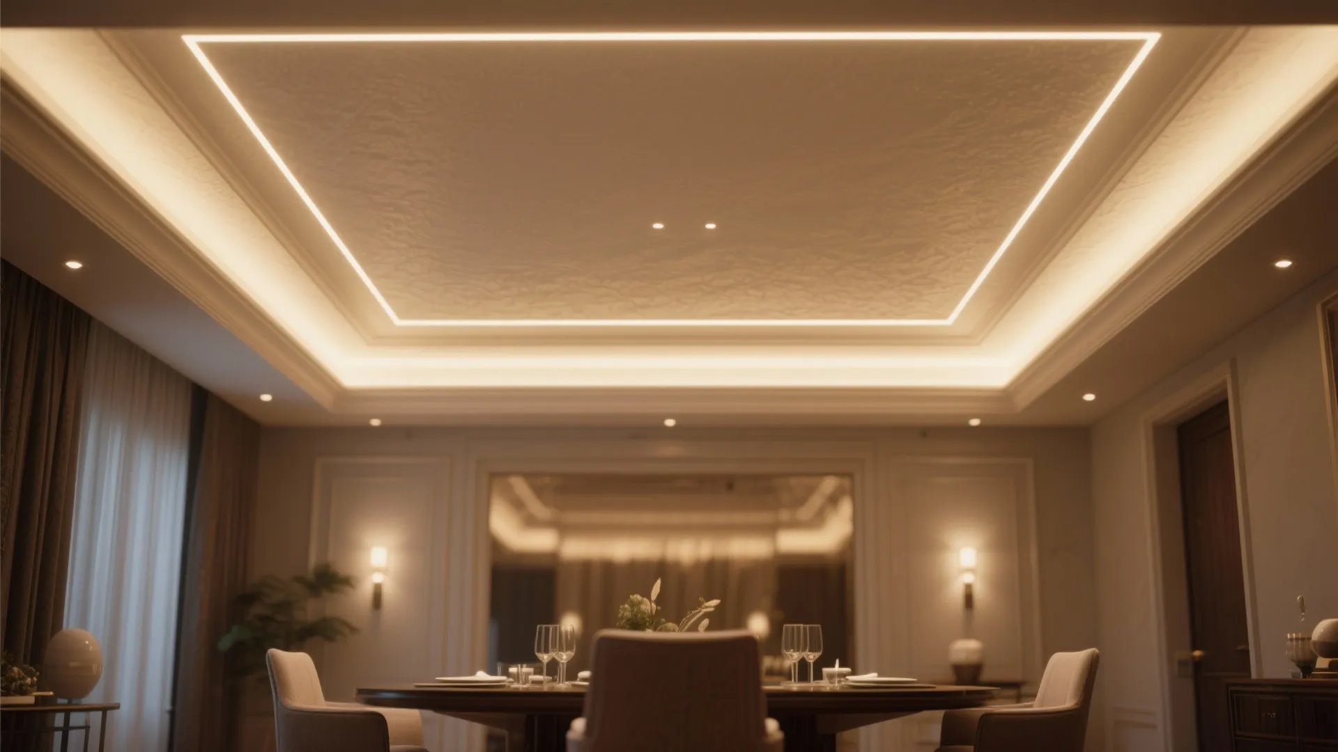 Square recessed ceiling light strip glowing above a dining table with chairs in warm room