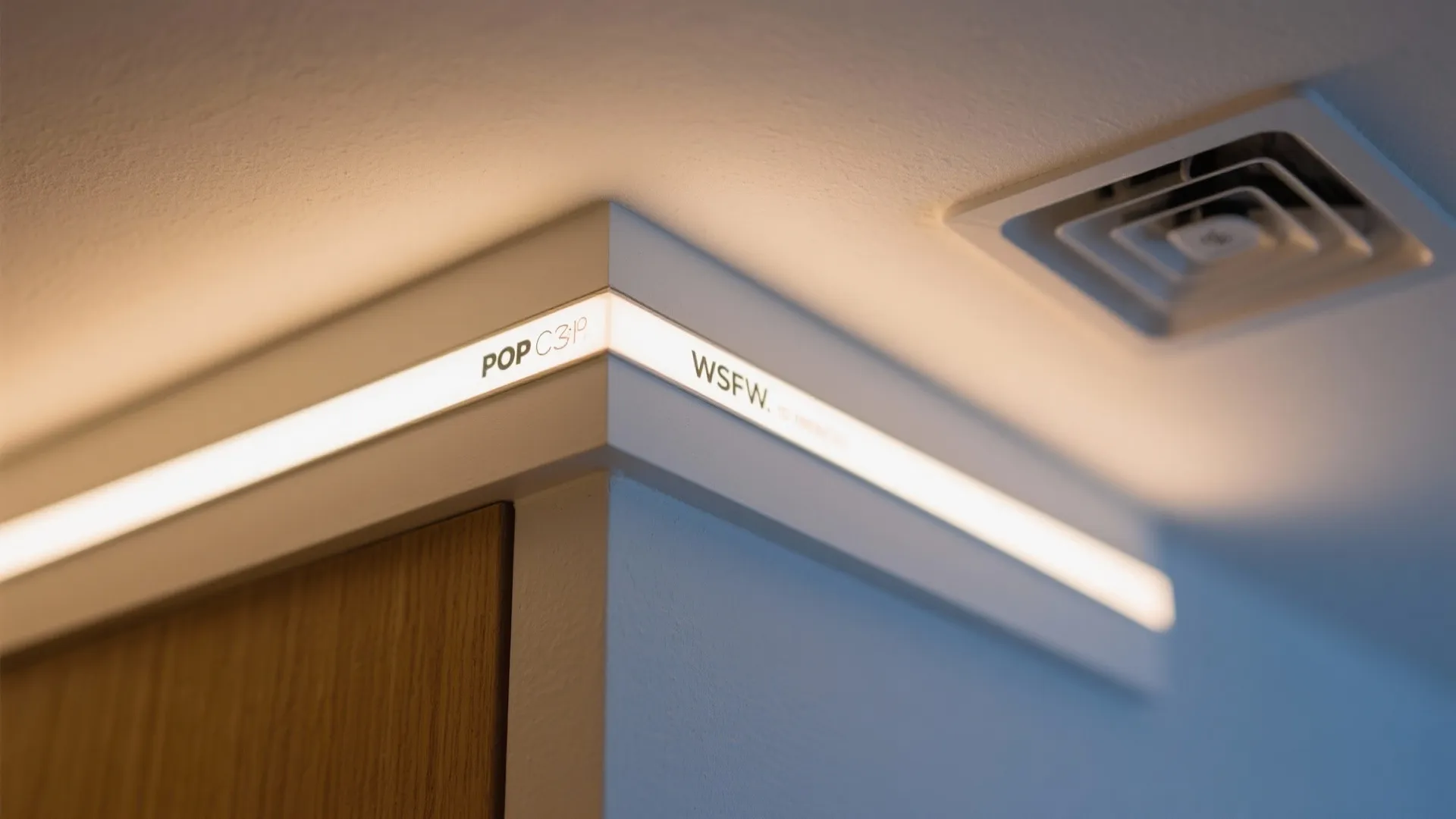 Close up view of white wall corner with linear light fixture and modern ceiling vent design